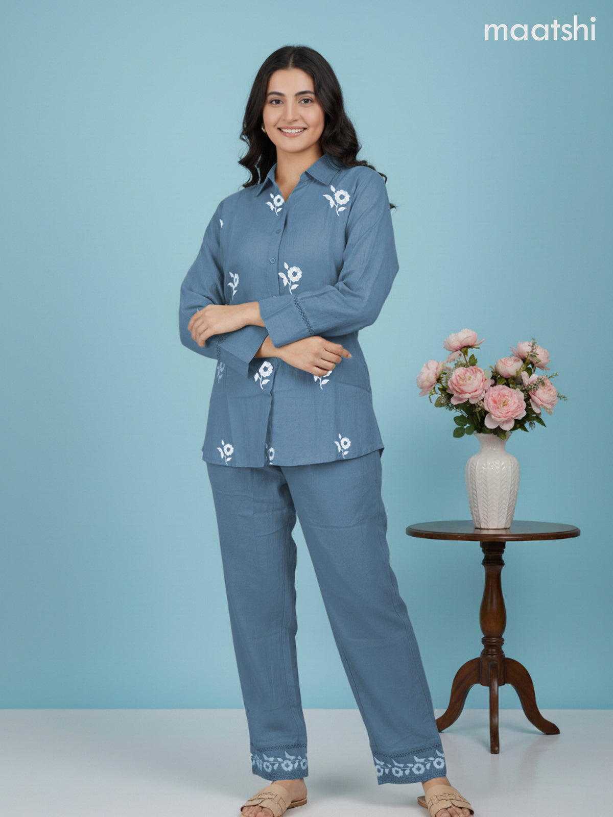 Short co-ord set pastel blue with slip & floral embroidery work buttas in top and palazzo pant