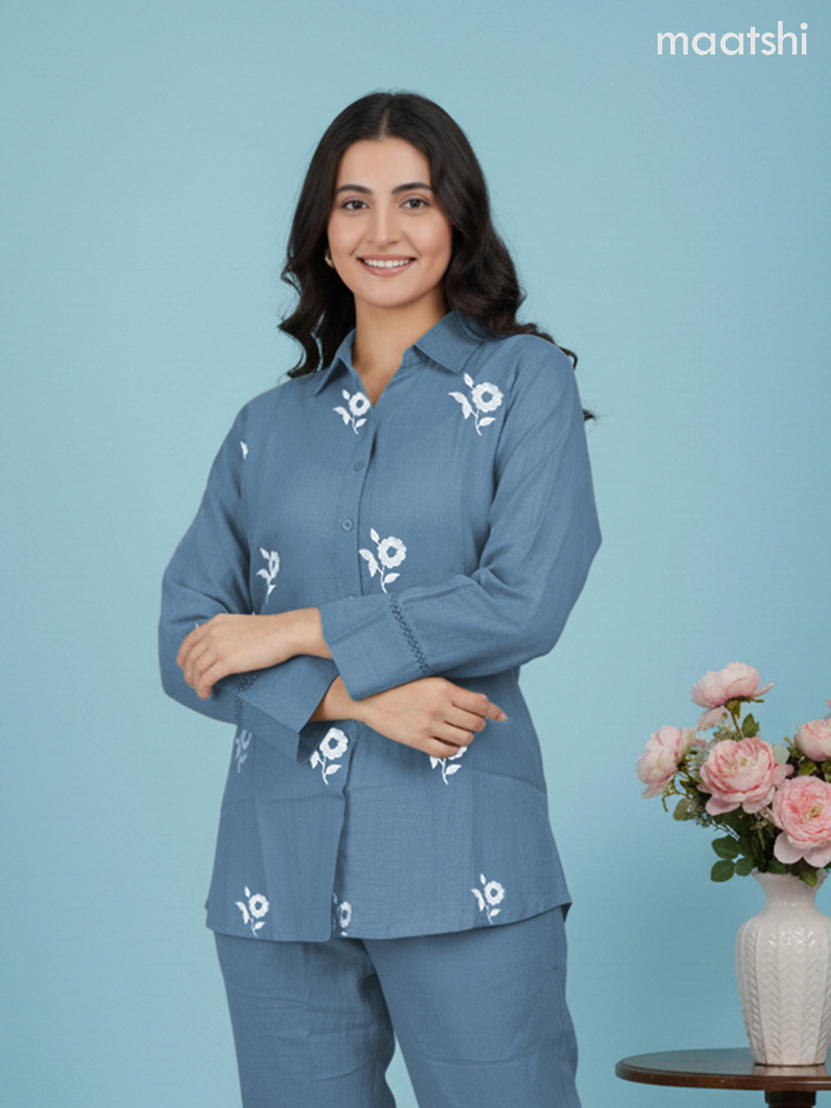 Short co-ord set pastel blue with slip & floral embroidery work buttas in top and palazzo pant