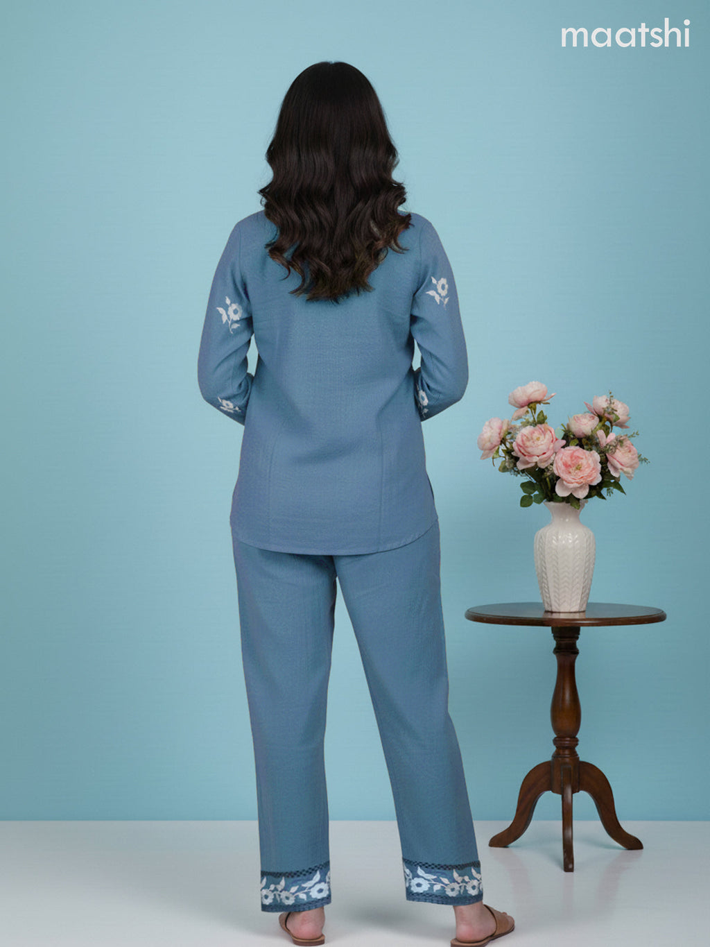 Short co-ord set pastel blue with slip & floral embroidery work buttas in top and palazzo pant