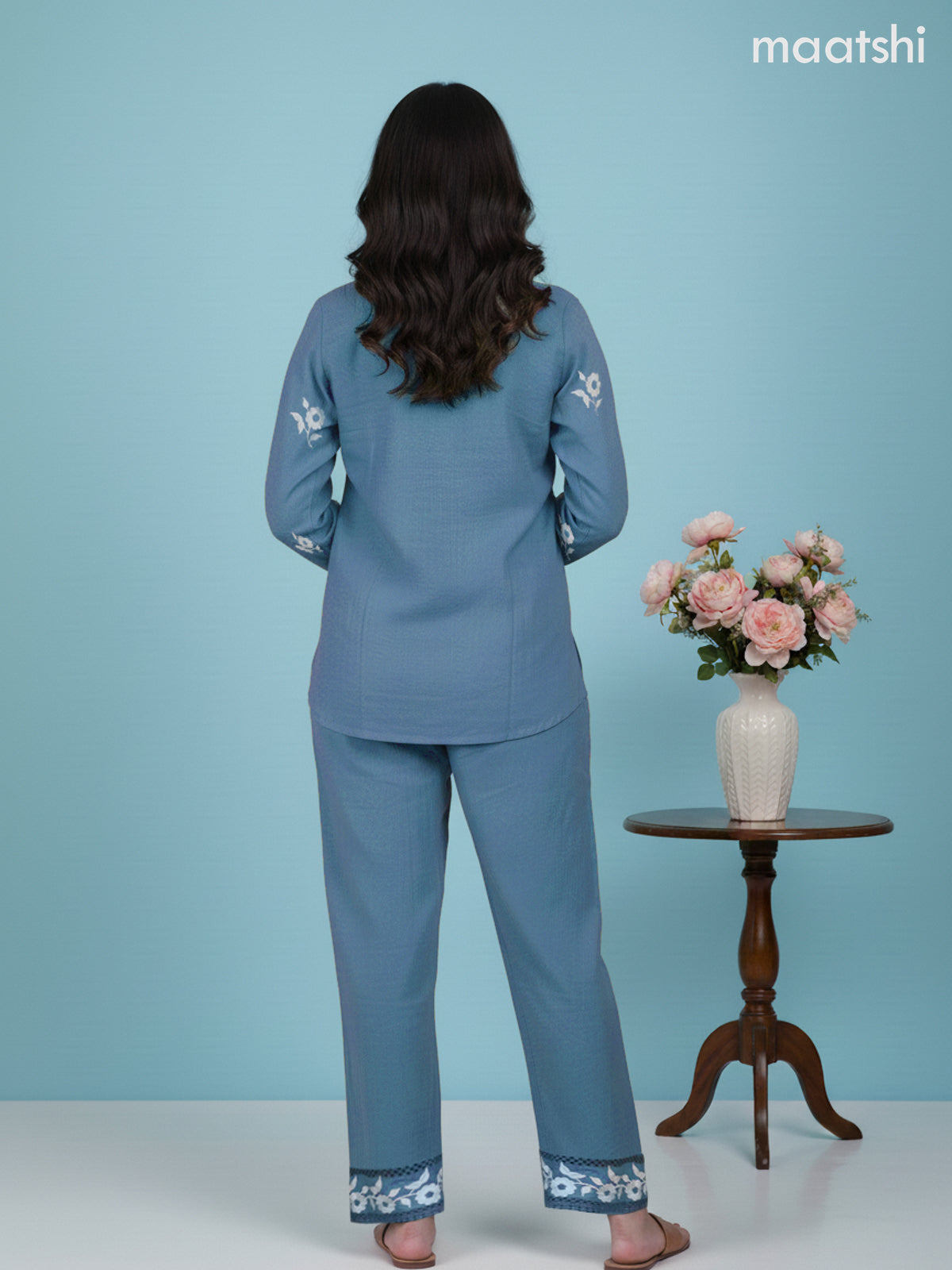 Short co-ord set pastel blue with slip & floral embroidery work buttas in top and palazzo pant
