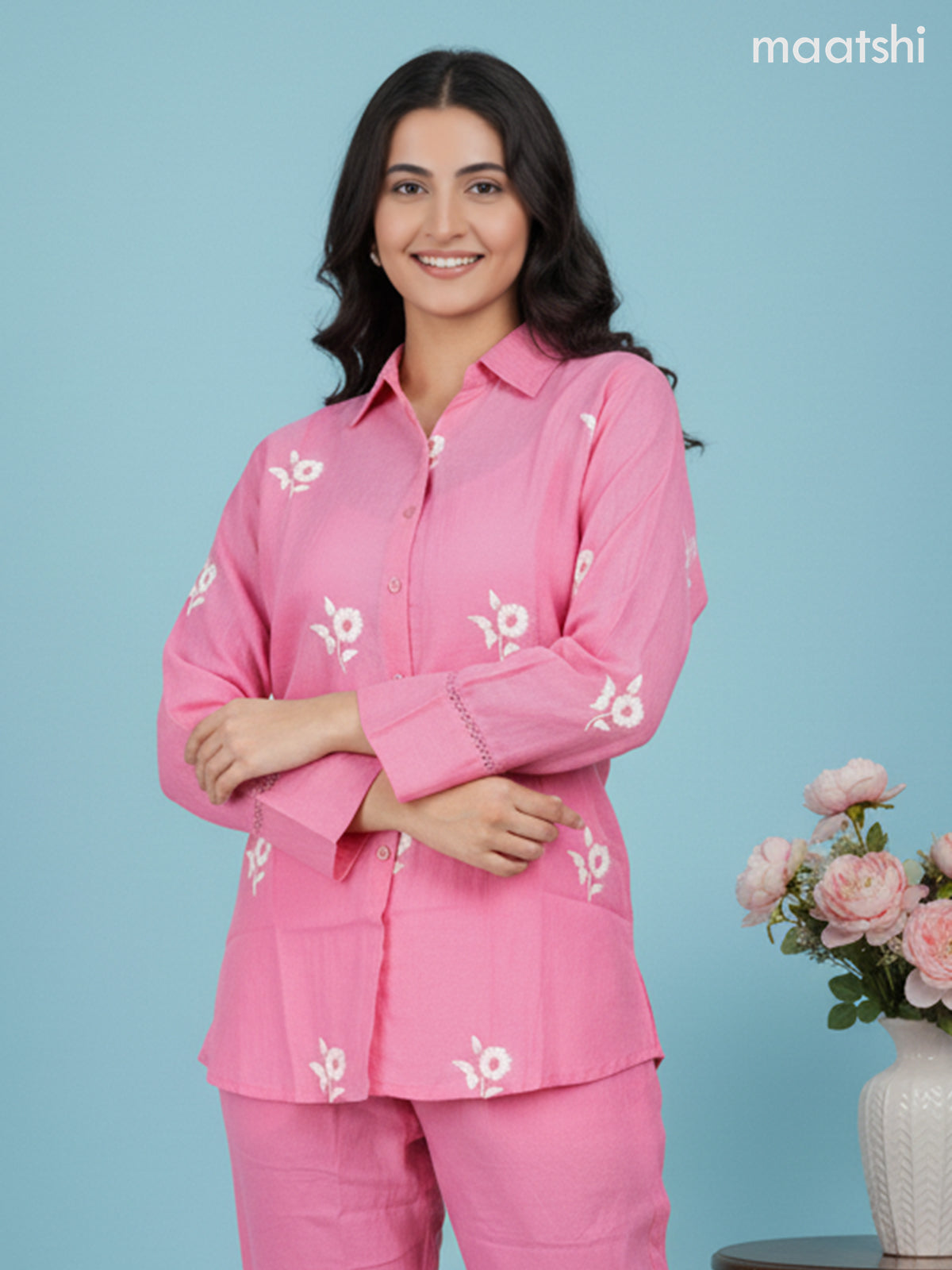 Short co-ord set peach pink with slip & floral embroidery work buttas in top and palazzo pant
