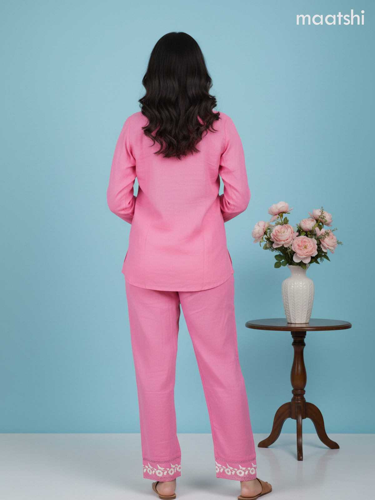 Short co-ord set peach pink with slip & floral embroidery work buttas in top and palazzo pant