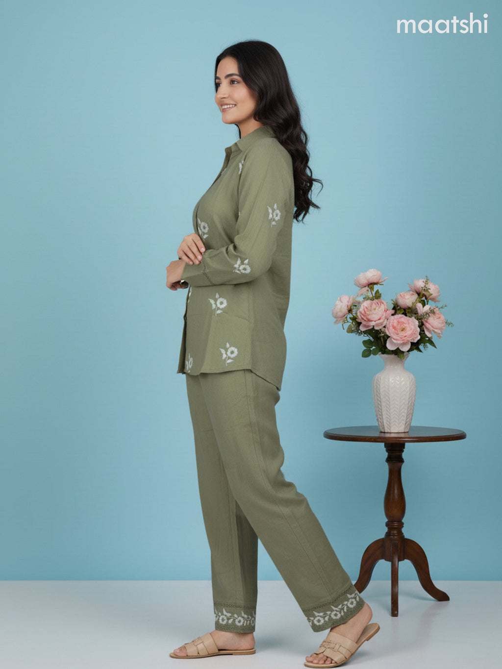 Short co-ord set sap green with slip & floral embroidery work buttas in top and palazzo pant