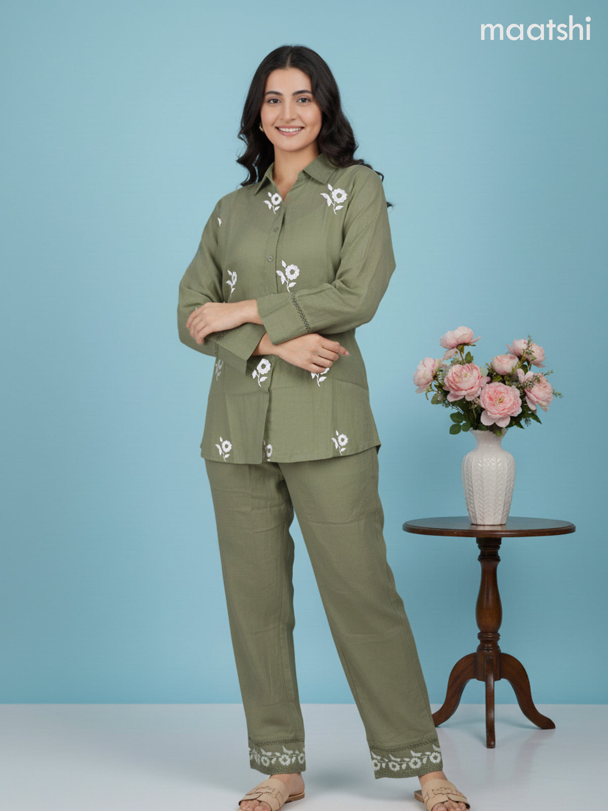 Short co-ord set sap green with slip & floral embroidery work buttas in top and palazzo pant