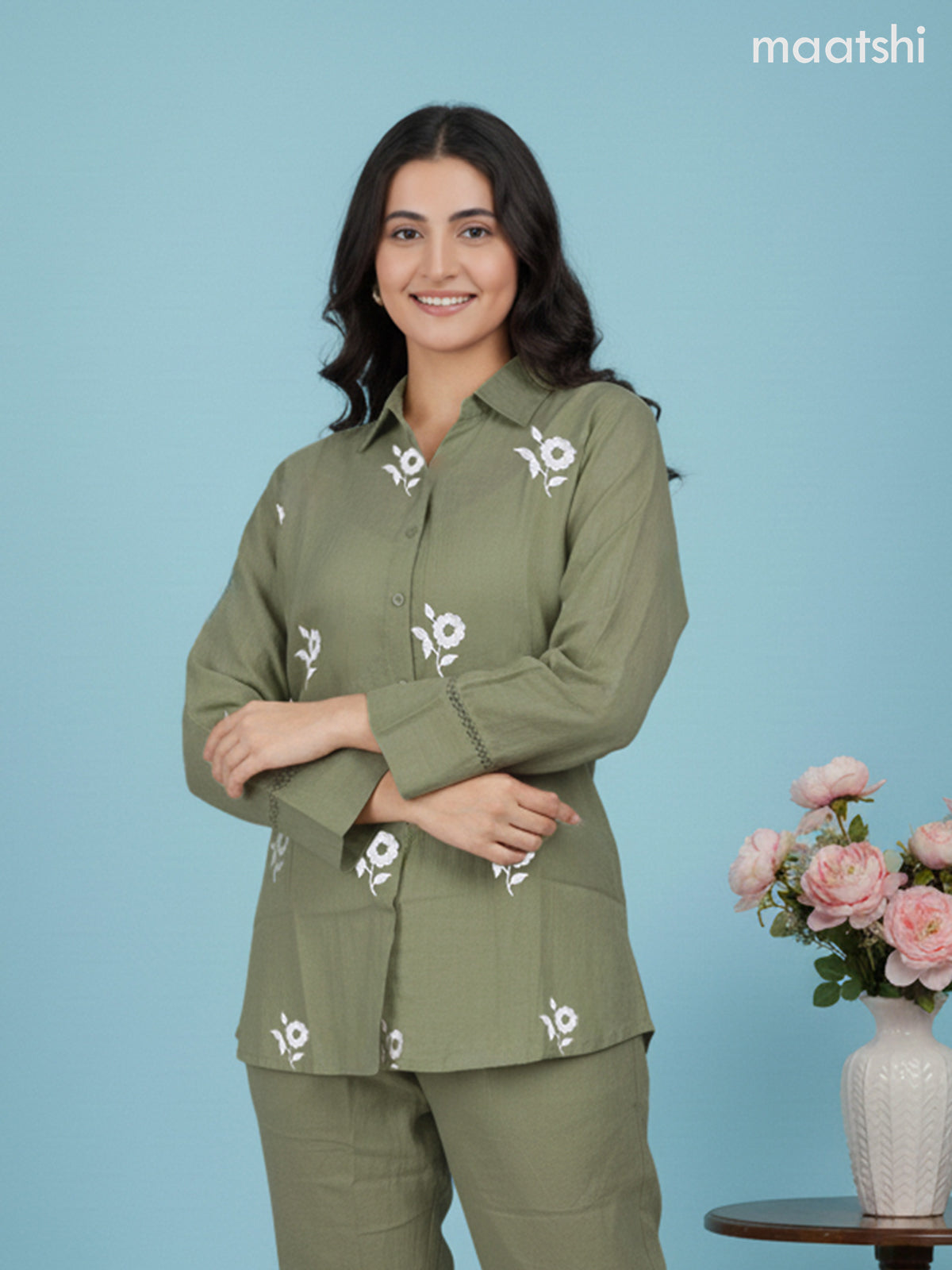 Short co-ord set sap green with slip & floral embroidery work buttas in top and palazzo pant