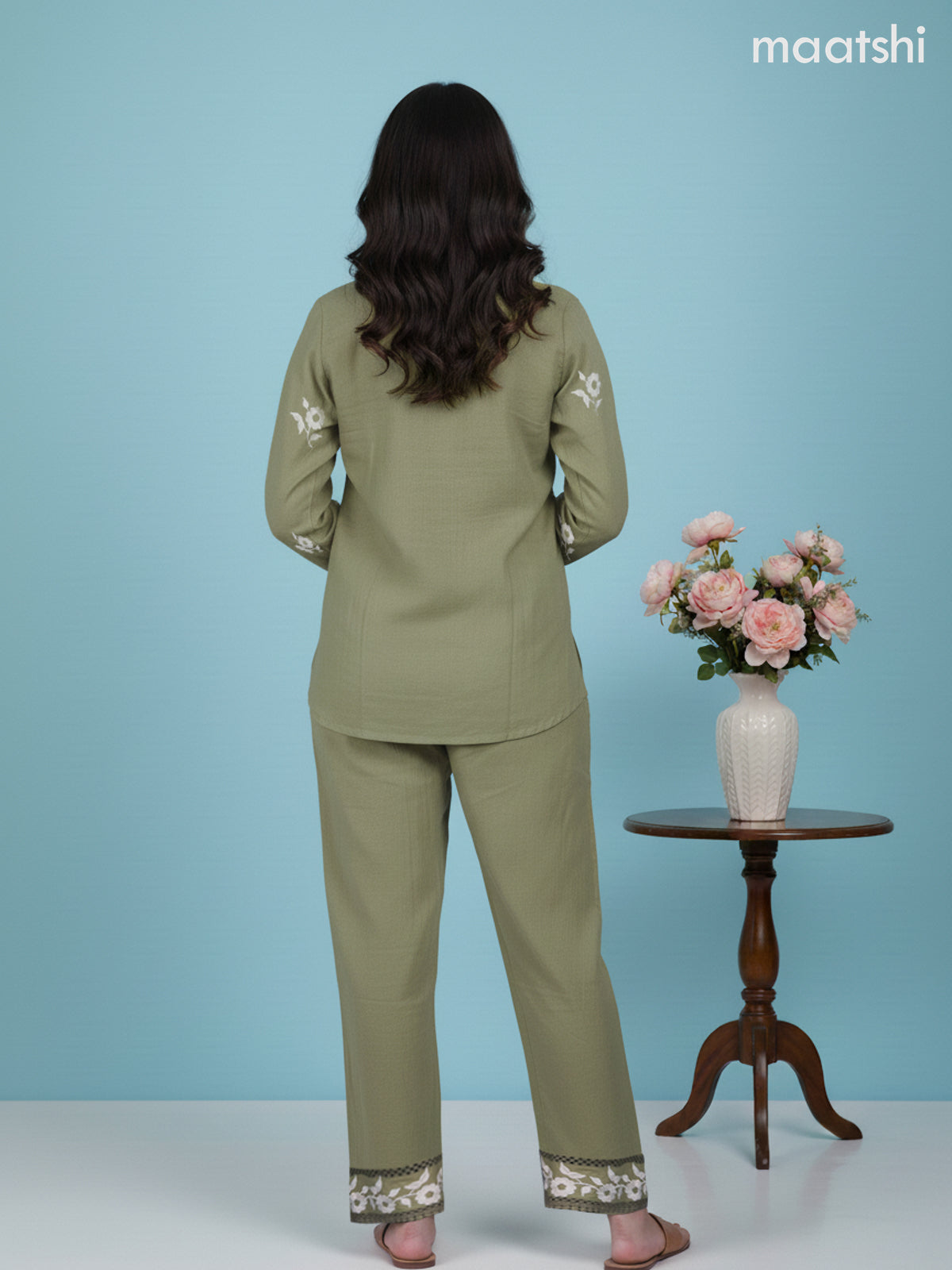 Short co-ord set sap green with slip & floral embroidery work buttas in top and palazzo pant