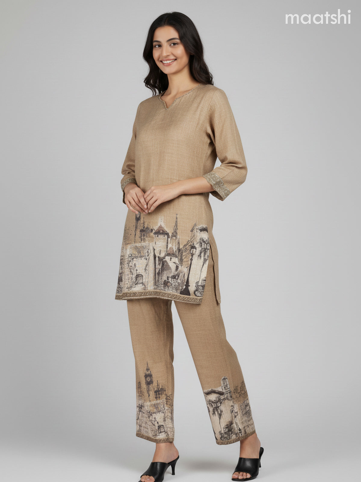 Short co-ord set mehendi green with prints & kantha stich work and straight cut pant