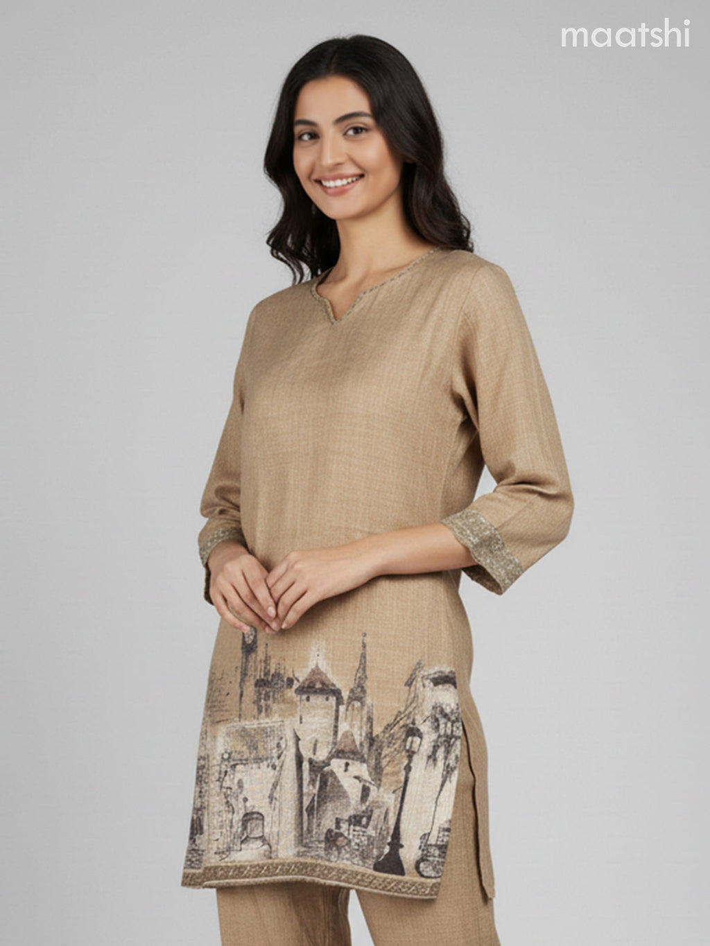 Short co-ord set mehendi green with prints & kantha stich work and straight cut pant