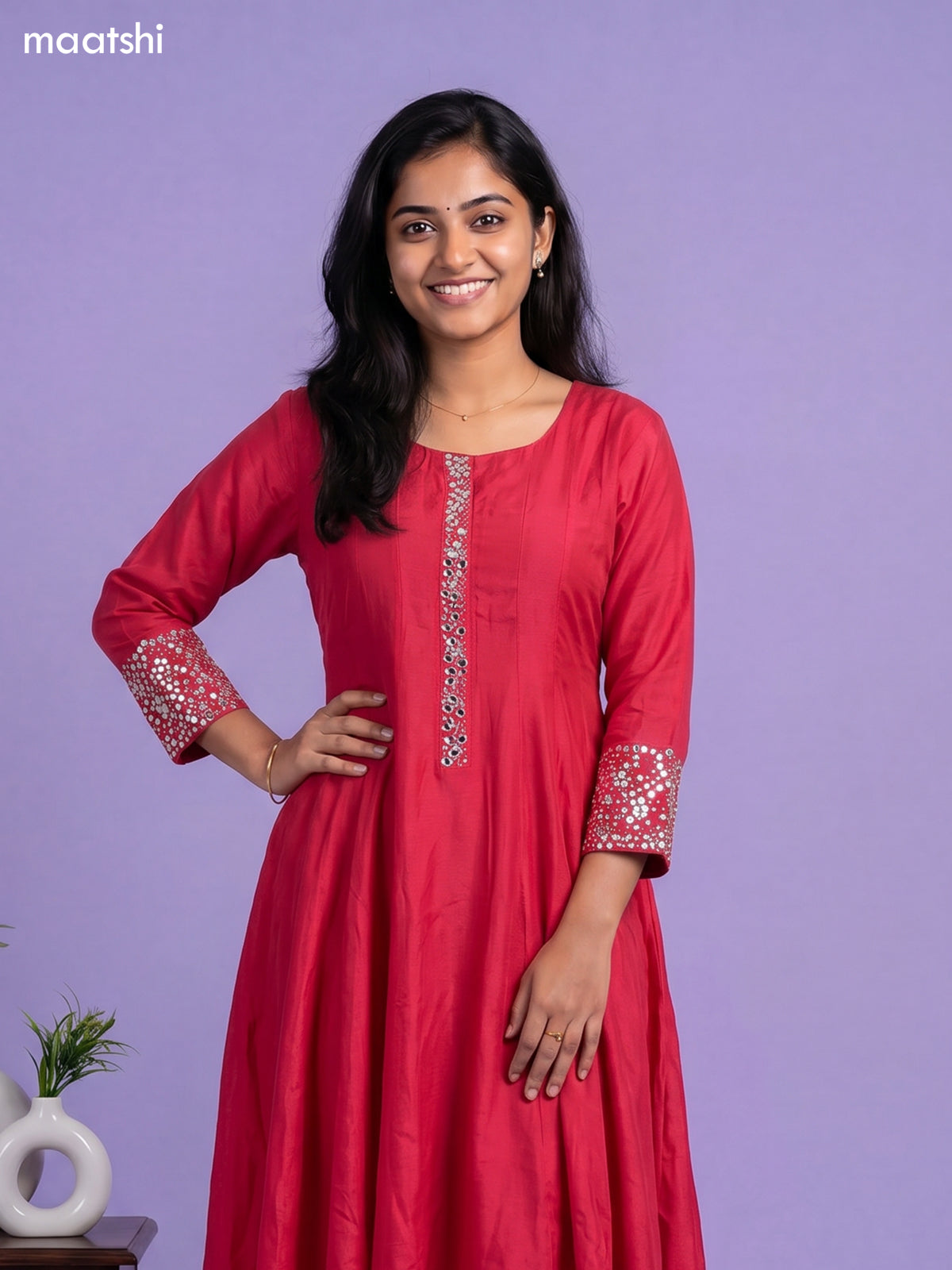 Rani Pink Art Tussar Embroidery Work Anarkali Suit