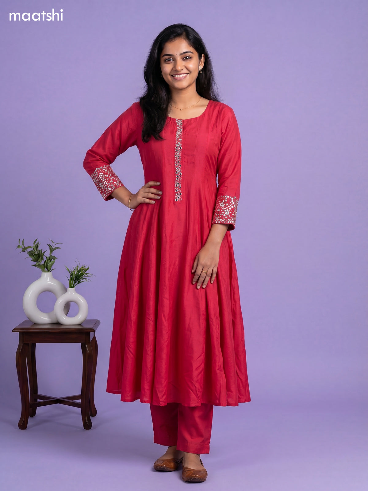 Rani Pink Art Tussar Embroidery Work Anarkali Suit