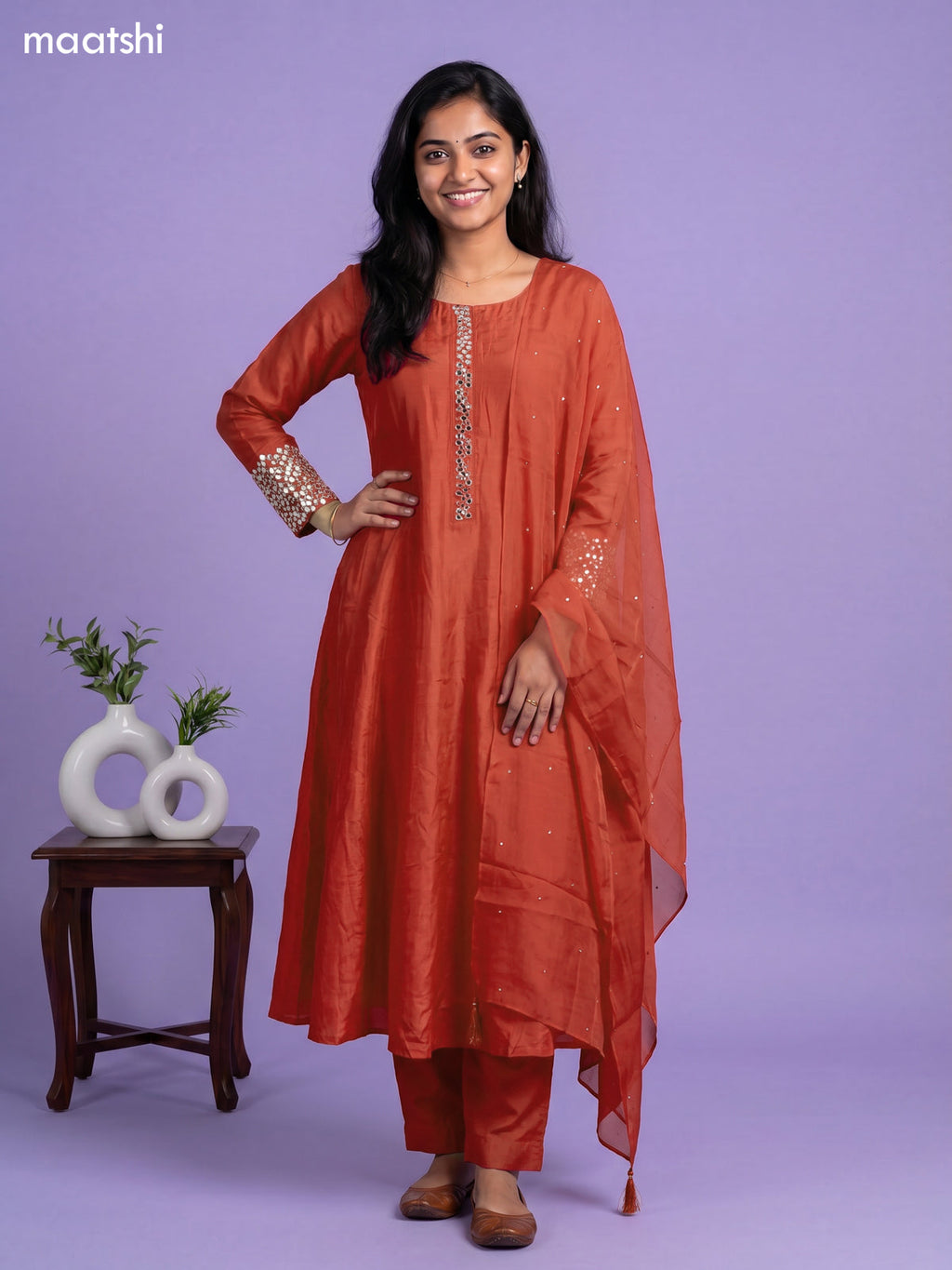 Orange Art Tussar Embroidery Work Anarkali Suit