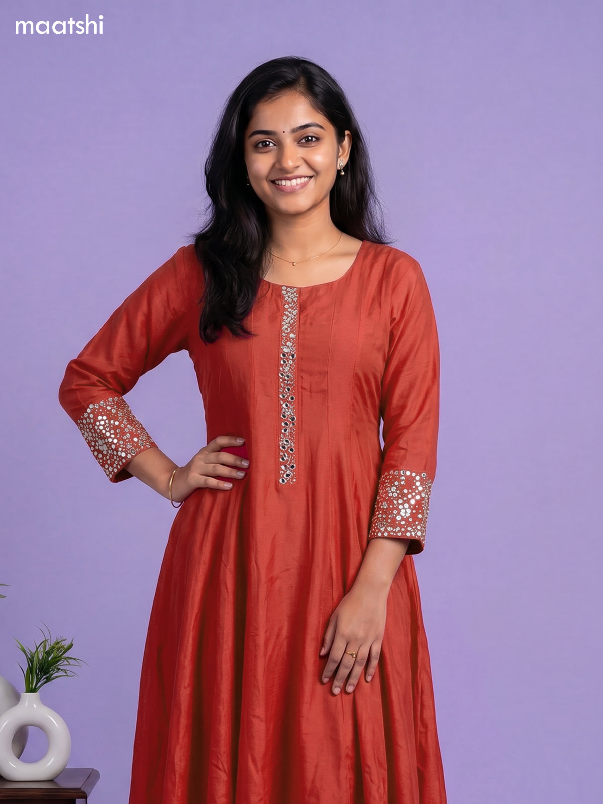 Orange Art Tussar Embroidery Work Anarkali Suit