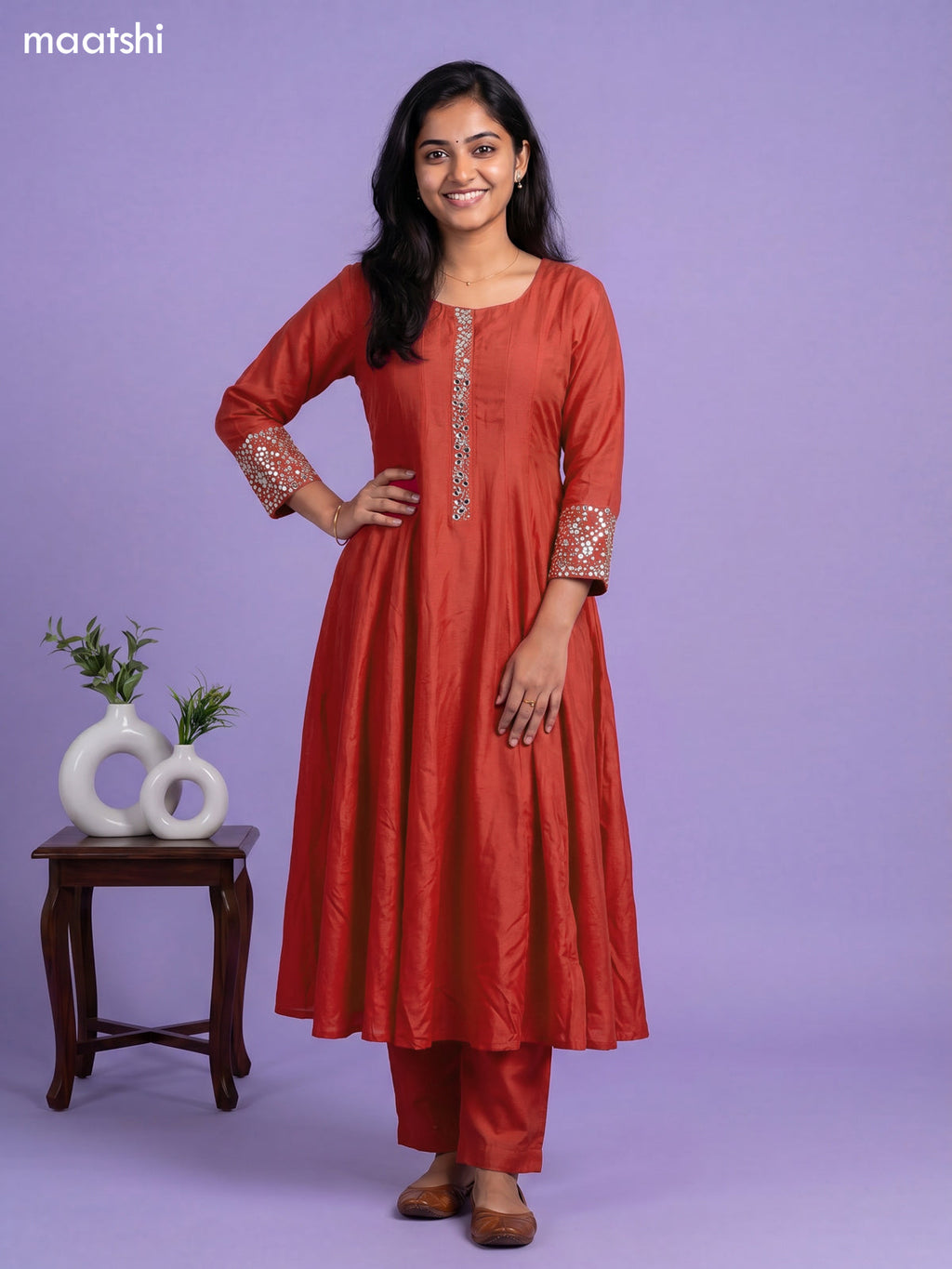 Orange Art Tussar Embroidery Work Anarkali Suit