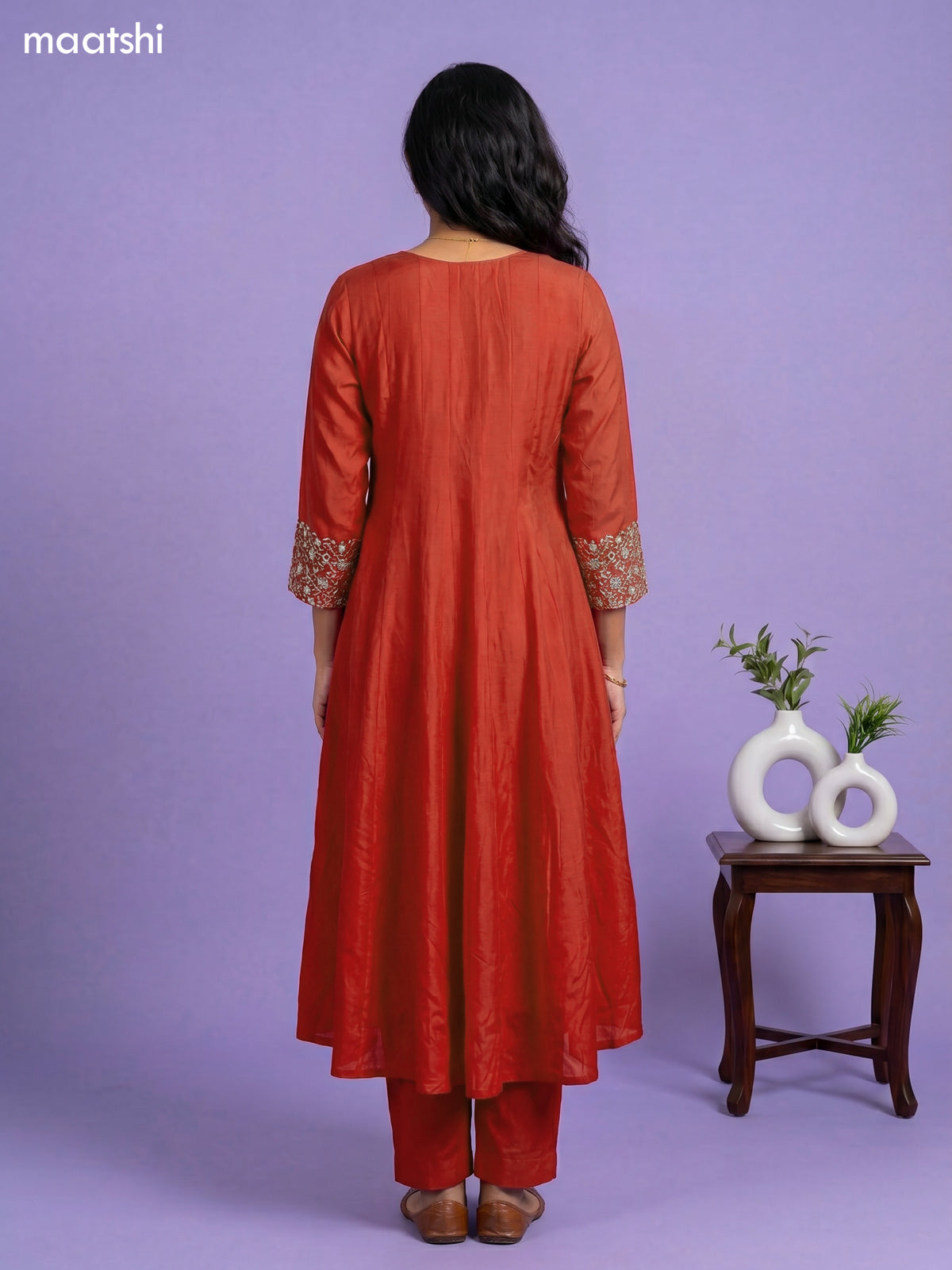 Orange Art Tussar Embroidery Work Anarkali Suit
