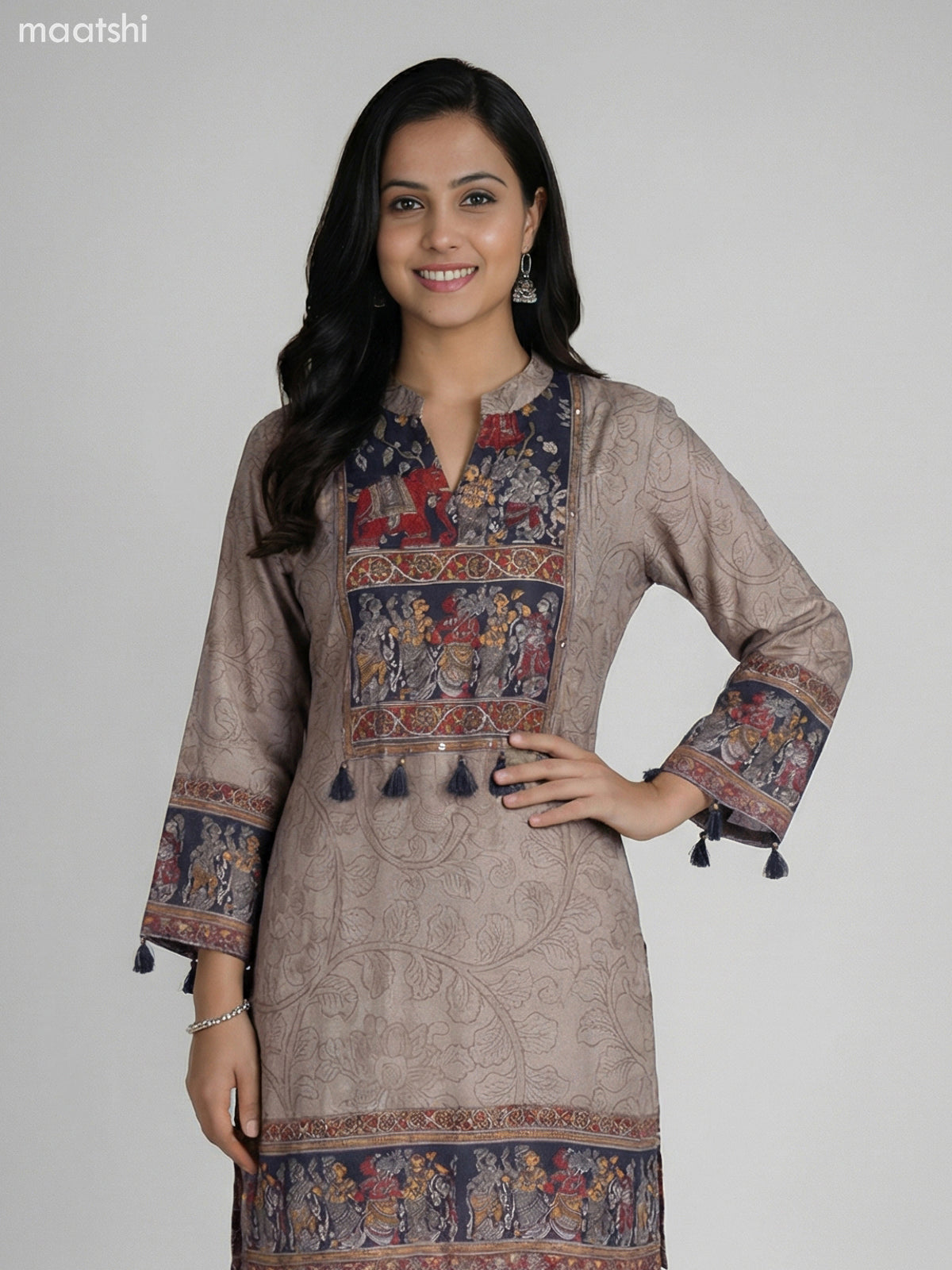 Beige and Grey Muslin Kalamkari Printed Kurti Set Palazzo Pant