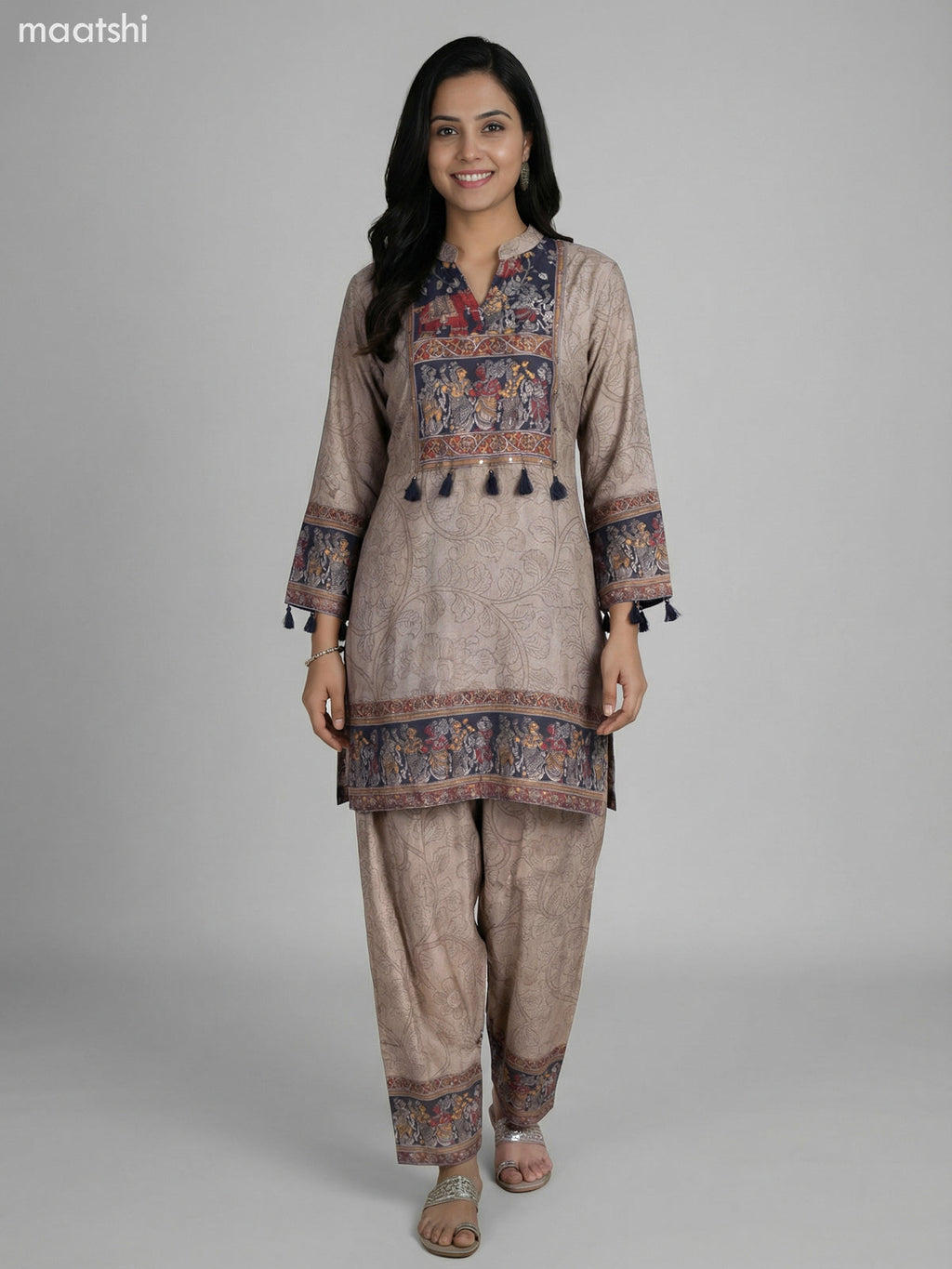 Beige and Grey Muslin Kalamkari Printed Kurti Set Palazzo Pant