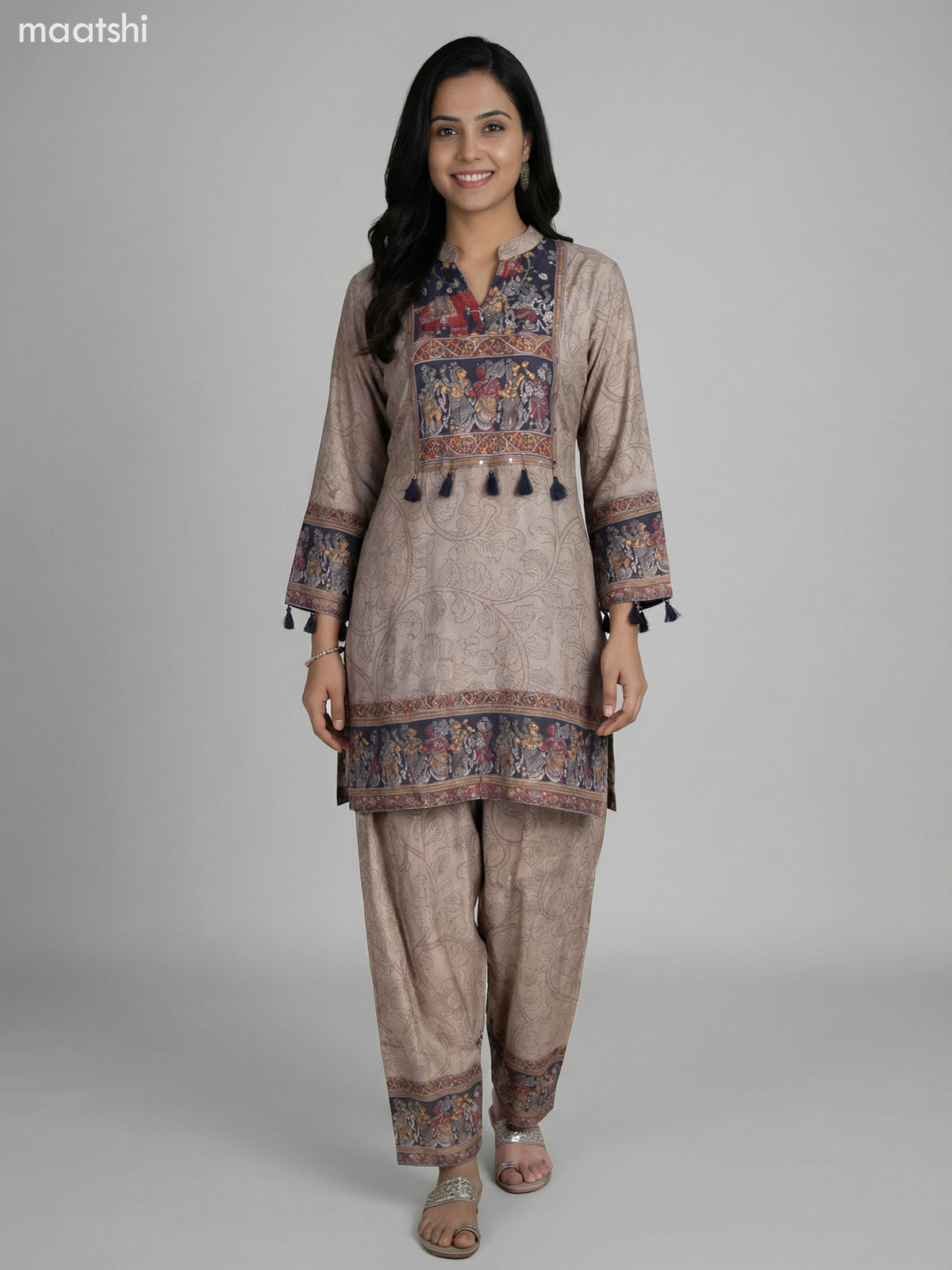 Beige and Grey Muslin Kalamkari Printed Kurti Set Palazzo Pant