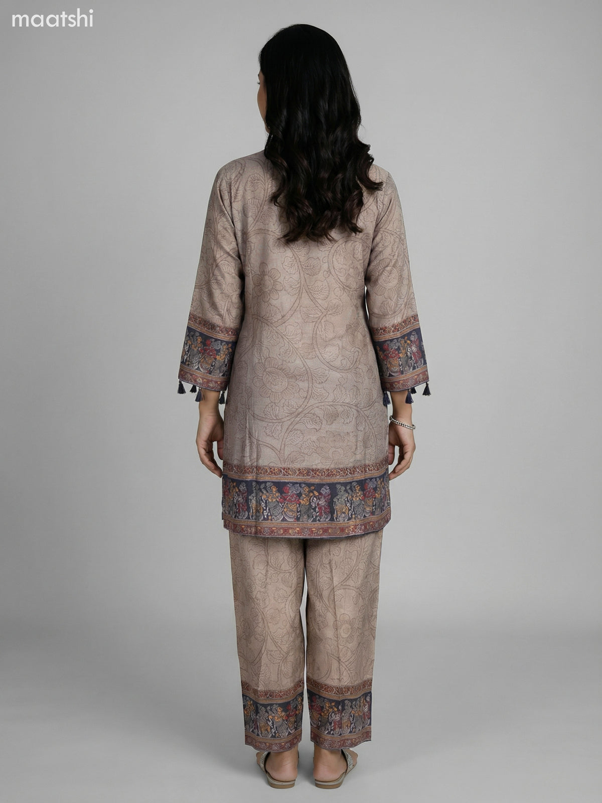 Beige and Grey Muslin Kalamkari Printed Kurti Set Palazzo Pant