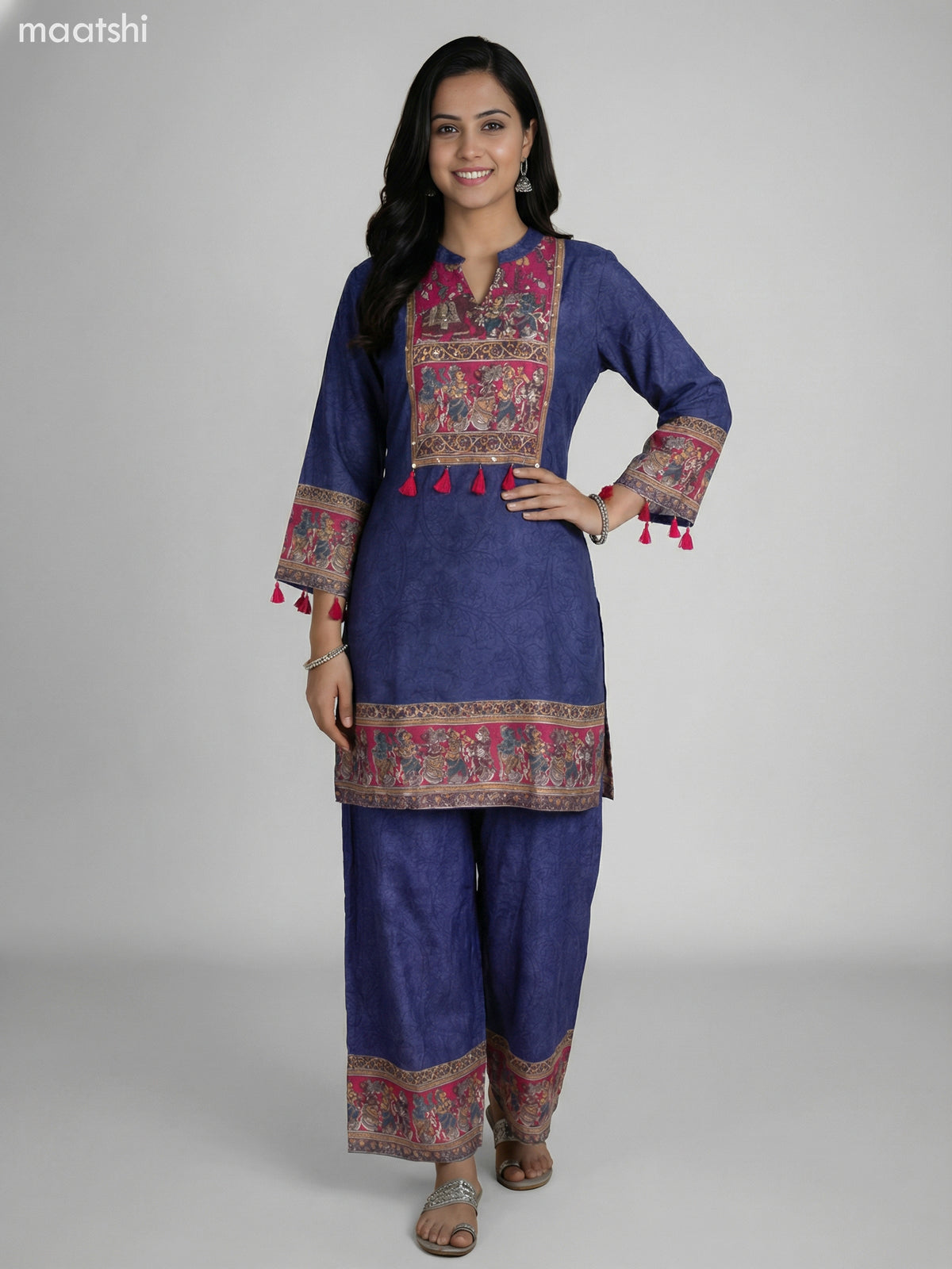 Blue and Pink Muslin Kalamkari Printed Kurti Set Palazzo Pant