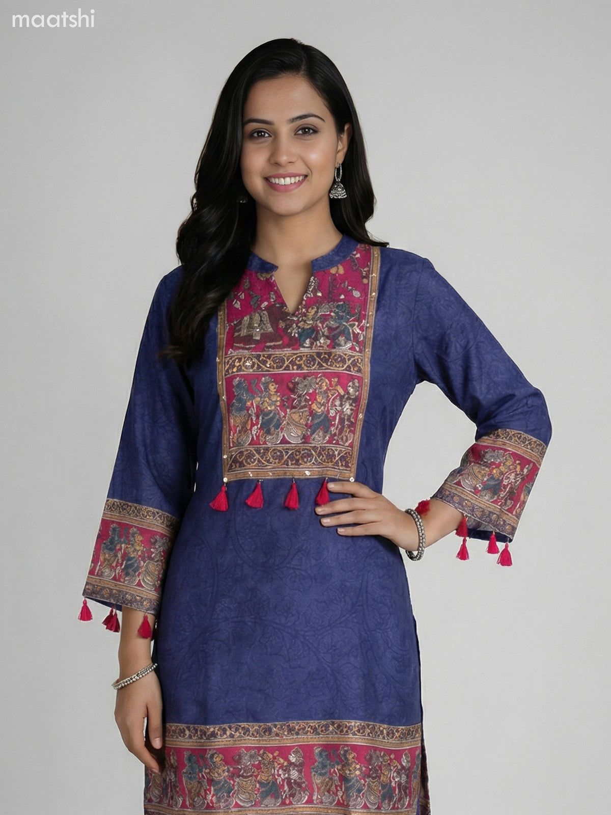 Blue and Pink Muslin Kalamkari Printed Kurti Set Palazzo Pant