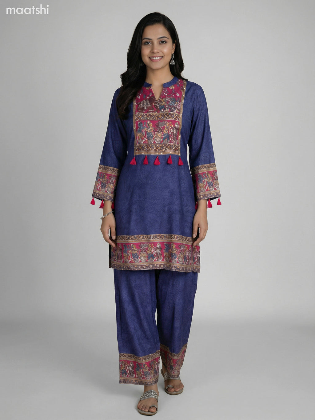 Blue and Pink Muslin Kalamkari Printed Kurti Set Palazzo Pant