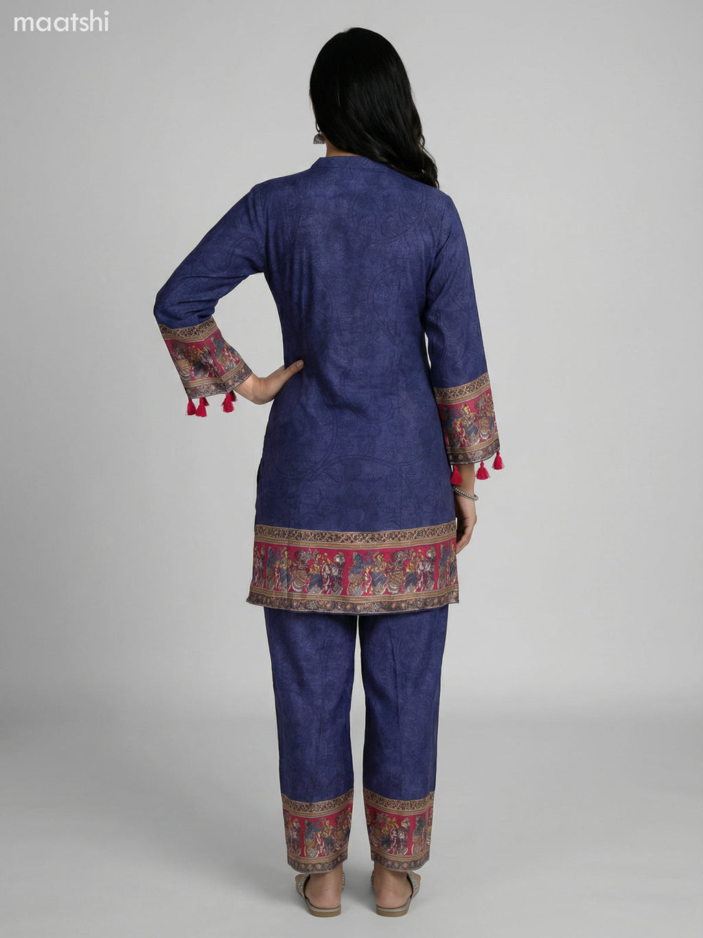Blue and Pink Muslin Kalamkari Printed Kurti Set Palazzo Pant