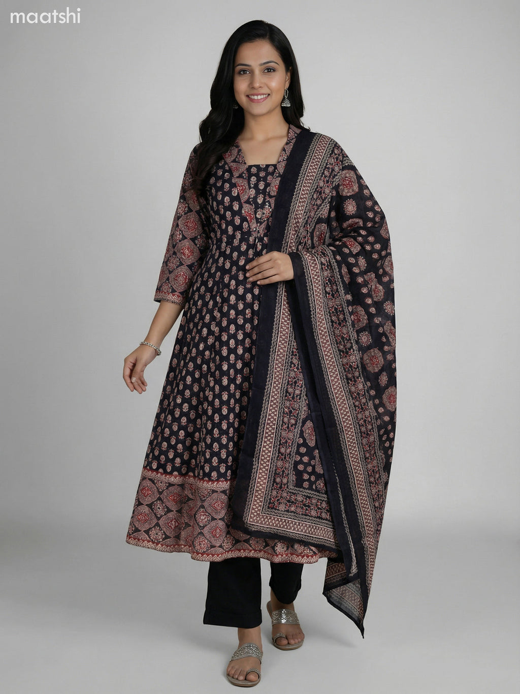 Black Cotton Ajrakh Printed Anarkali Suit Straight Cut Pant