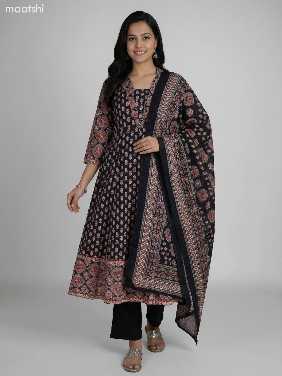 Black Cotton Ajrakh Printed Anarkali Suit Straight Cut Pant