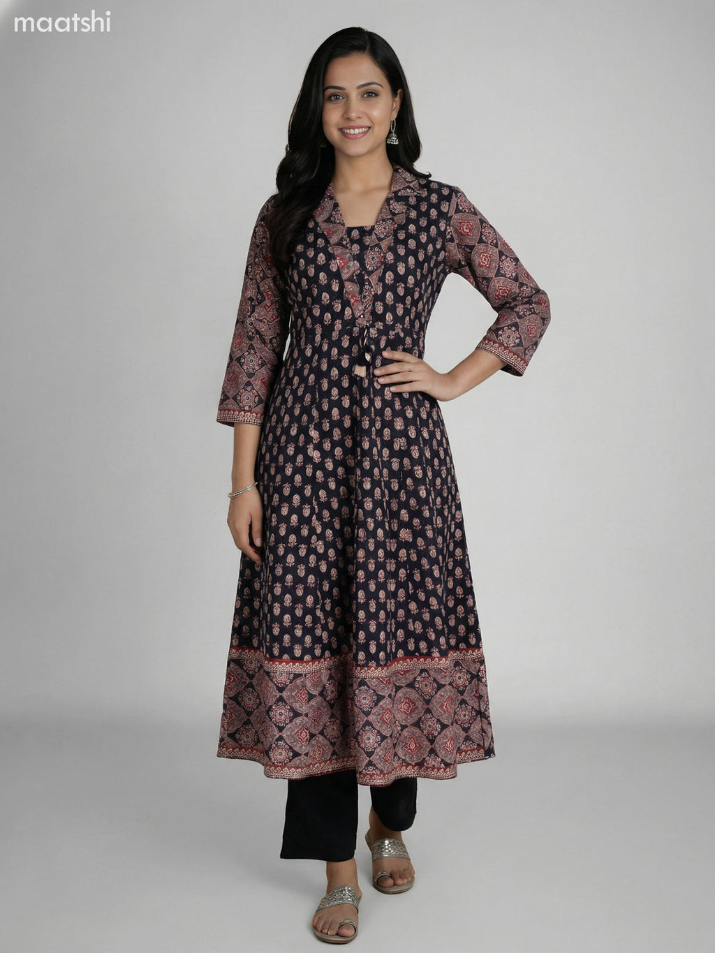 Black Cotton Ajrakh Printed Anarkali Suit Straight Cut Pant