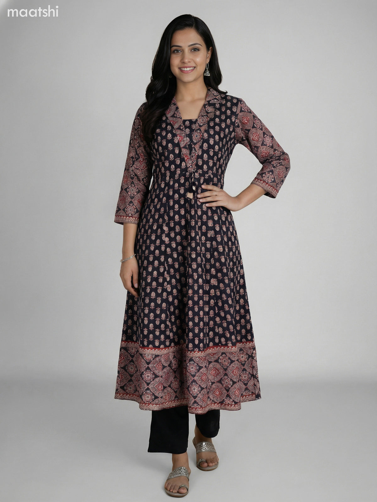 Black Cotton Ajrakh Printed Anarkali Suit Straight Cut Pant