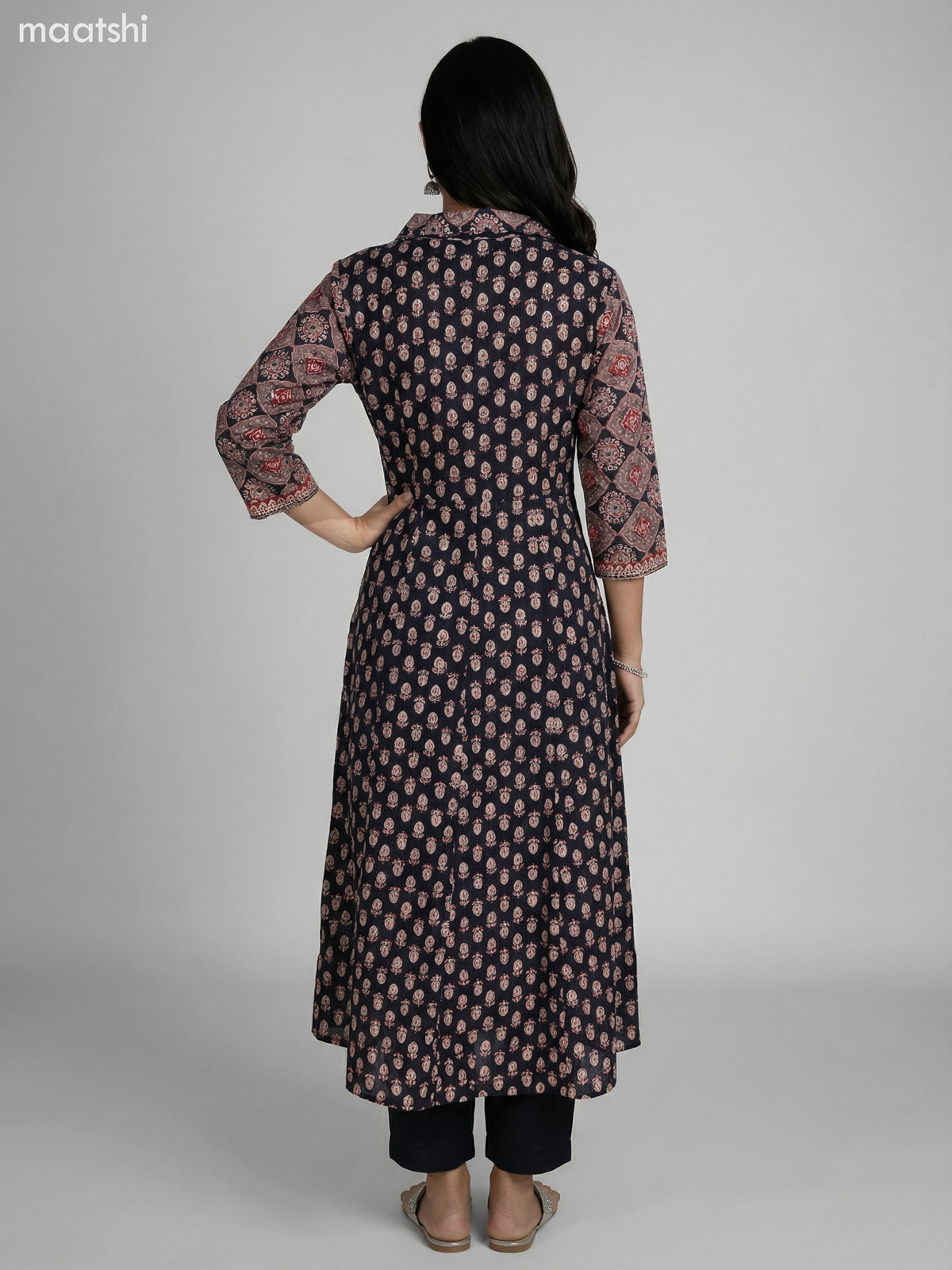 Black Cotton Ajrakh Printed Anarkali Suit Straight Cut Pant