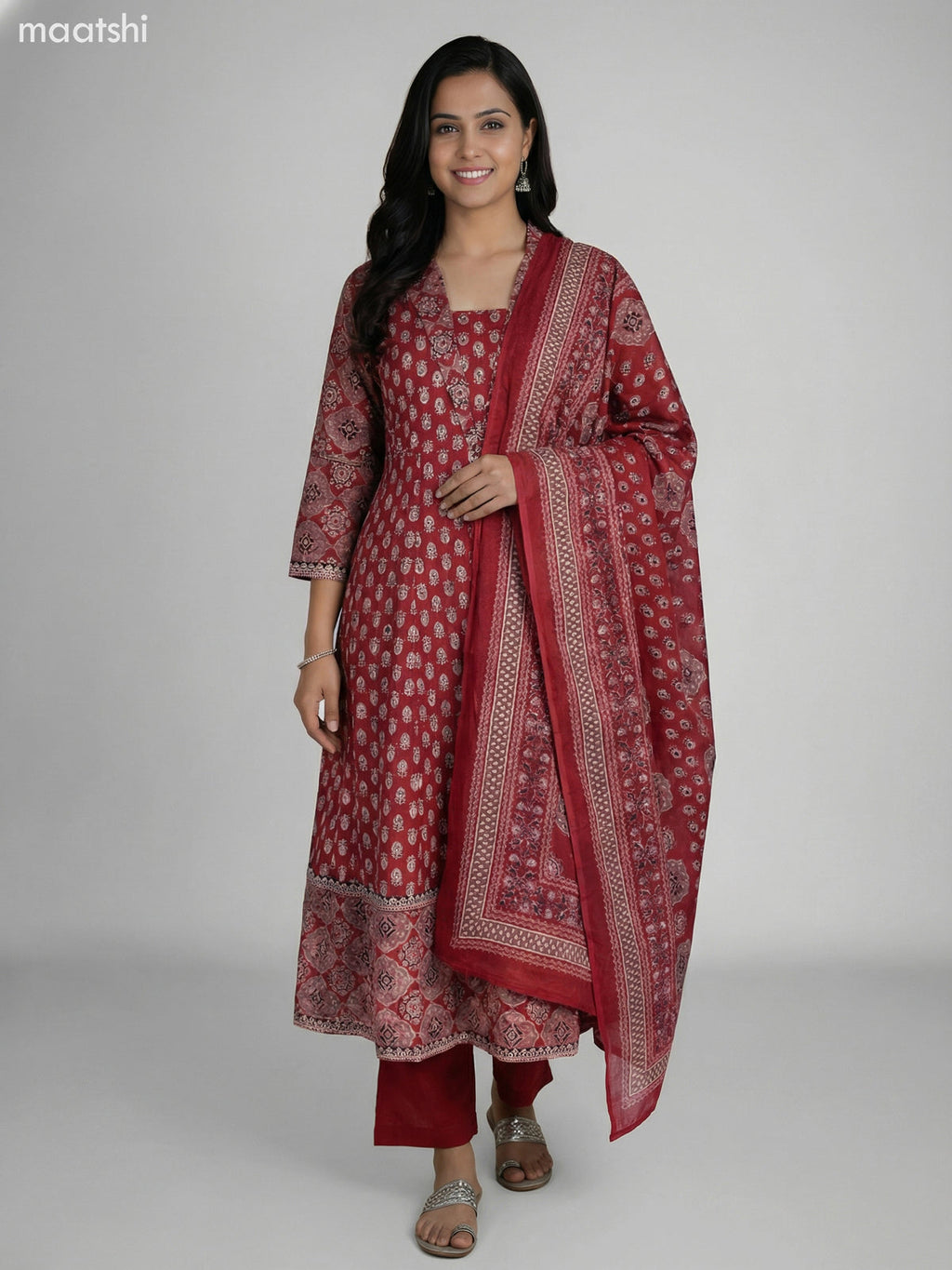 Kumkum Red Cotton Ajrakh Printed Anarkali Suit Straight Cut Pant
