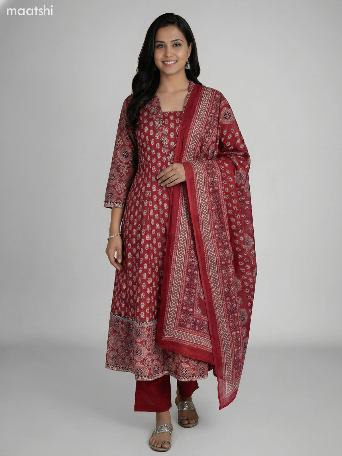 Kumkum Red Cotton Ajrakh Printed Anarkali Suit Straight Cut Pant