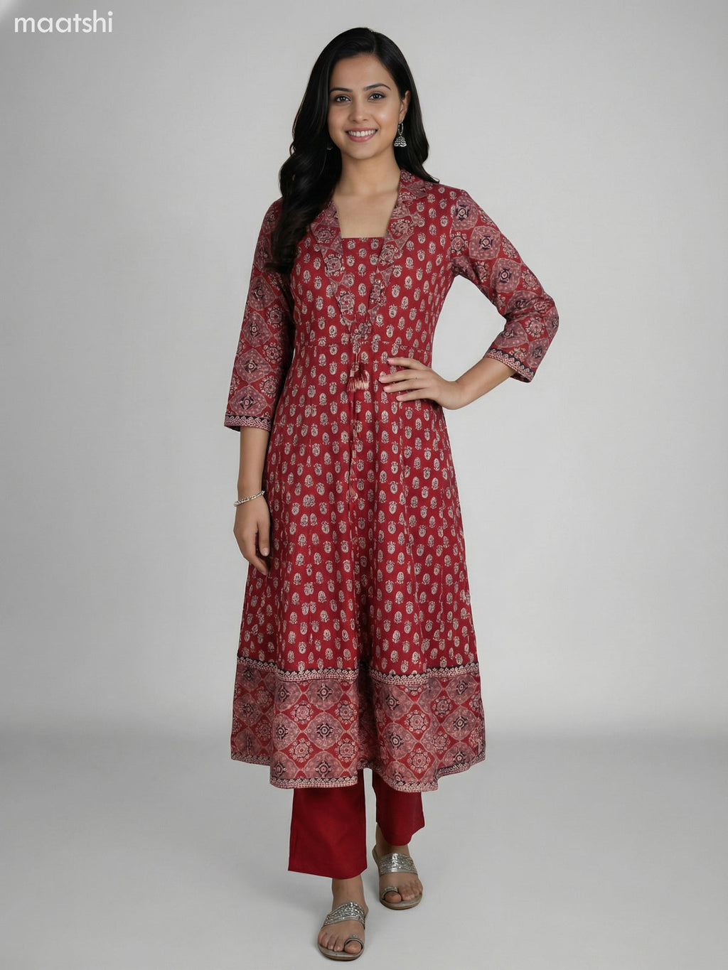 Kumkum Red Cotton Ajrakh Printed Anarkali Suit Straight Cut Pant