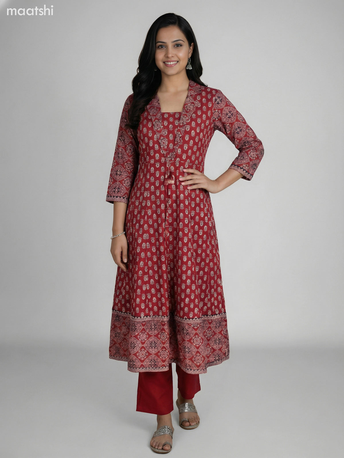 Kumkum Red Cotton Ajrakh Printed Anarkali Suit Straight Cut Pant