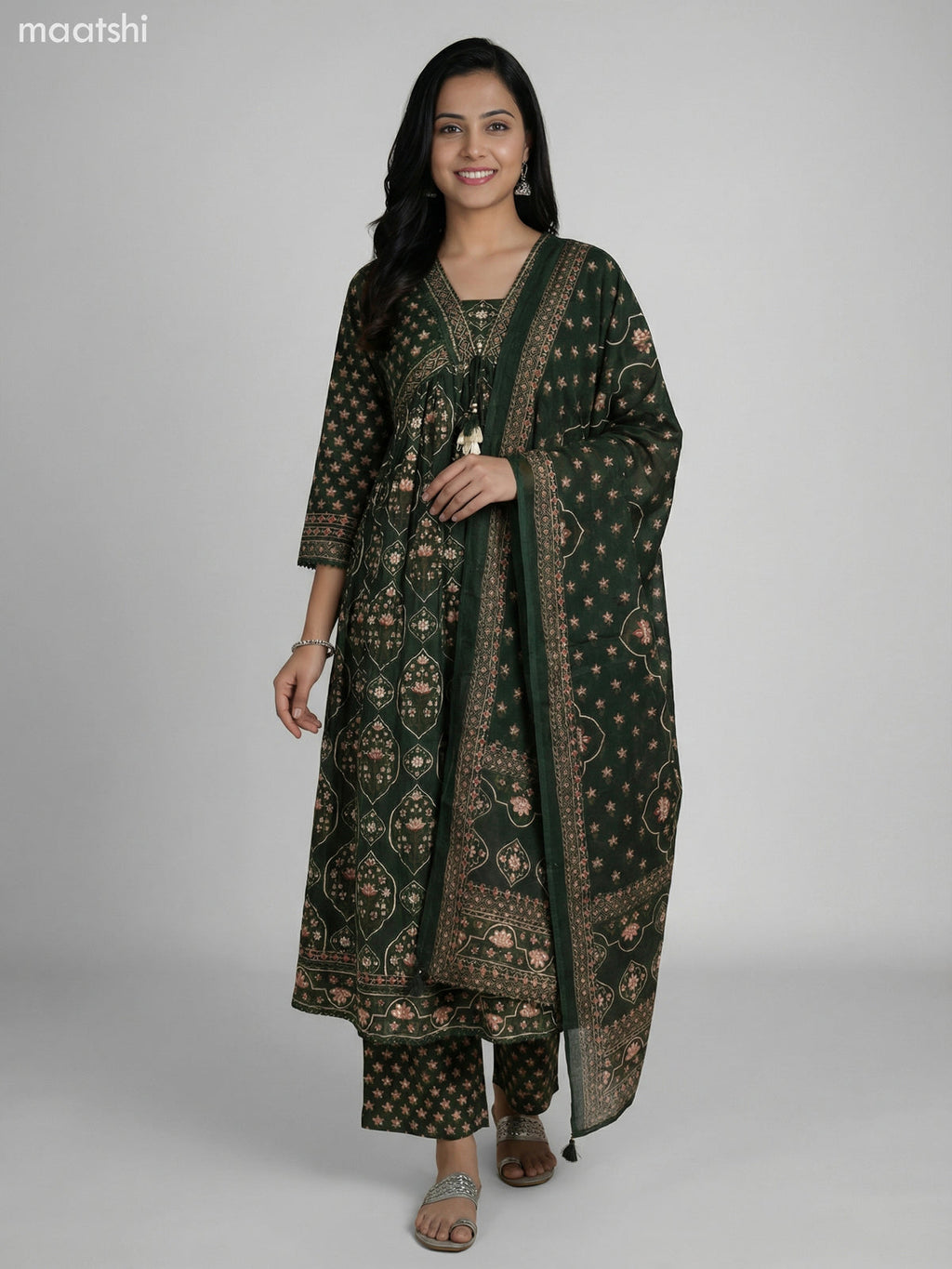 Dark Green Cotton Ajrakh Printed Anarkali Suit Straight Cut Pant