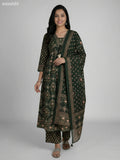 Dark Green Cotton Ajrakh Printed Anarkali Suit Straight Cut Pant