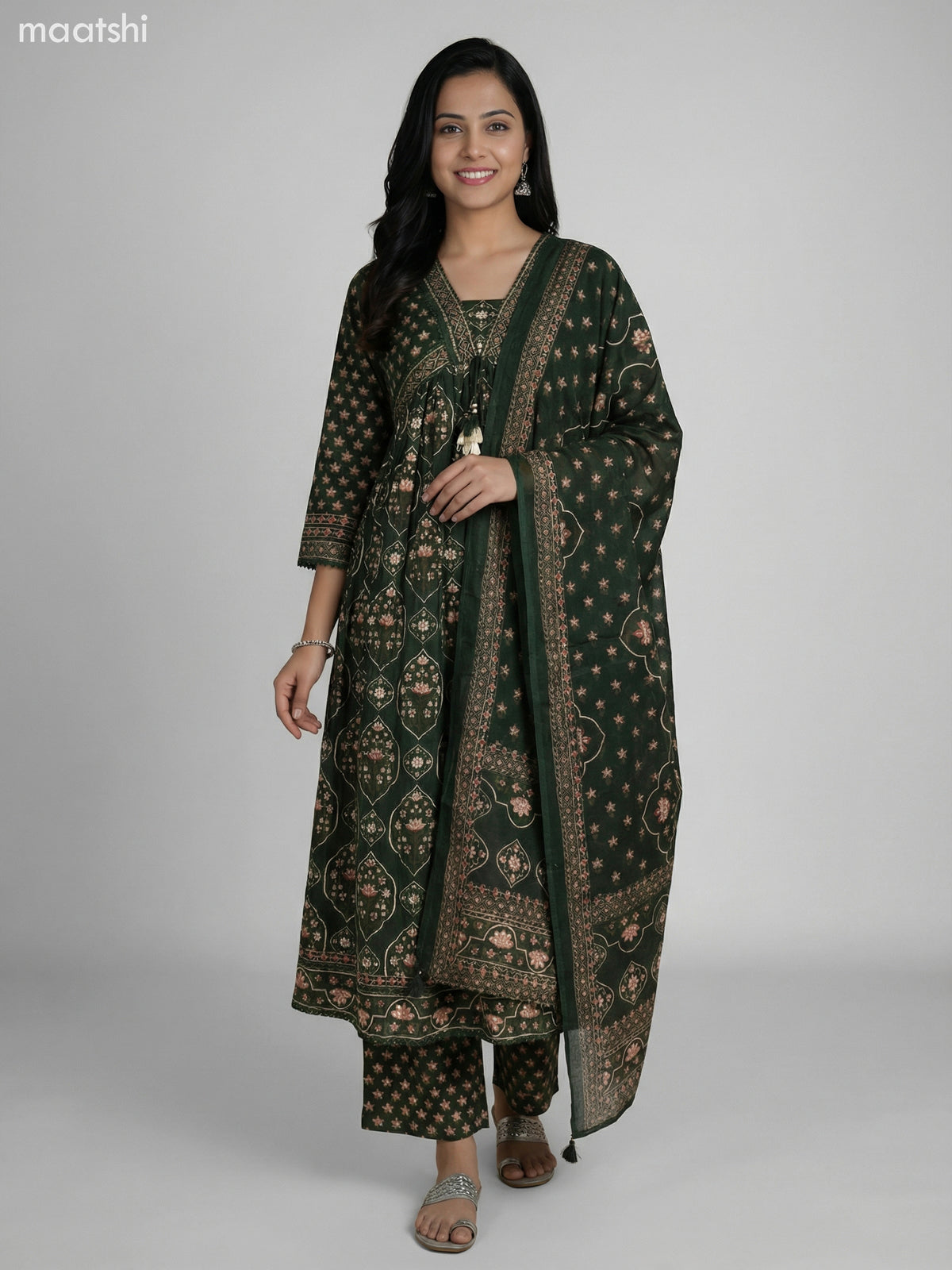 Dark Green Cotton Ajrakh Printed Anarkali Suit Straight Cut Pant