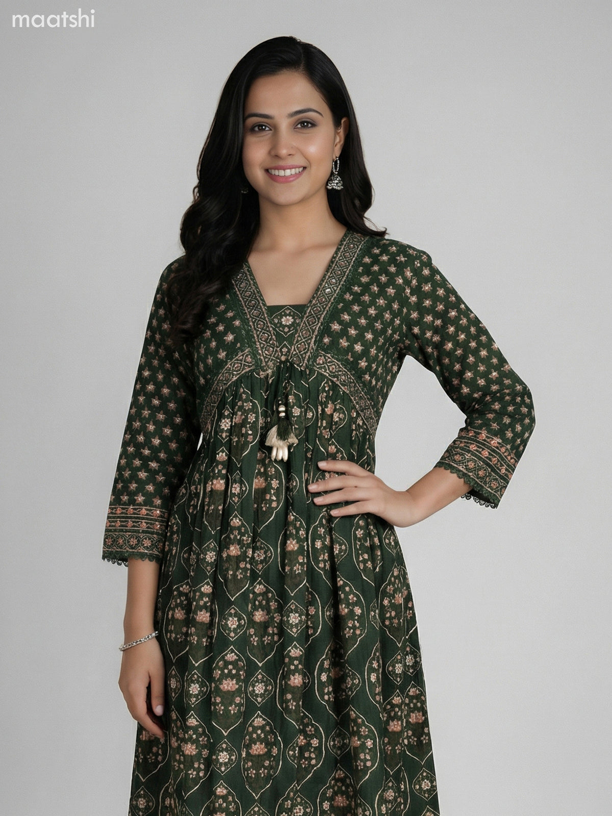 Dark Green Cotton Ajrakh Printed Anarkali Suit Straight Cut Pant