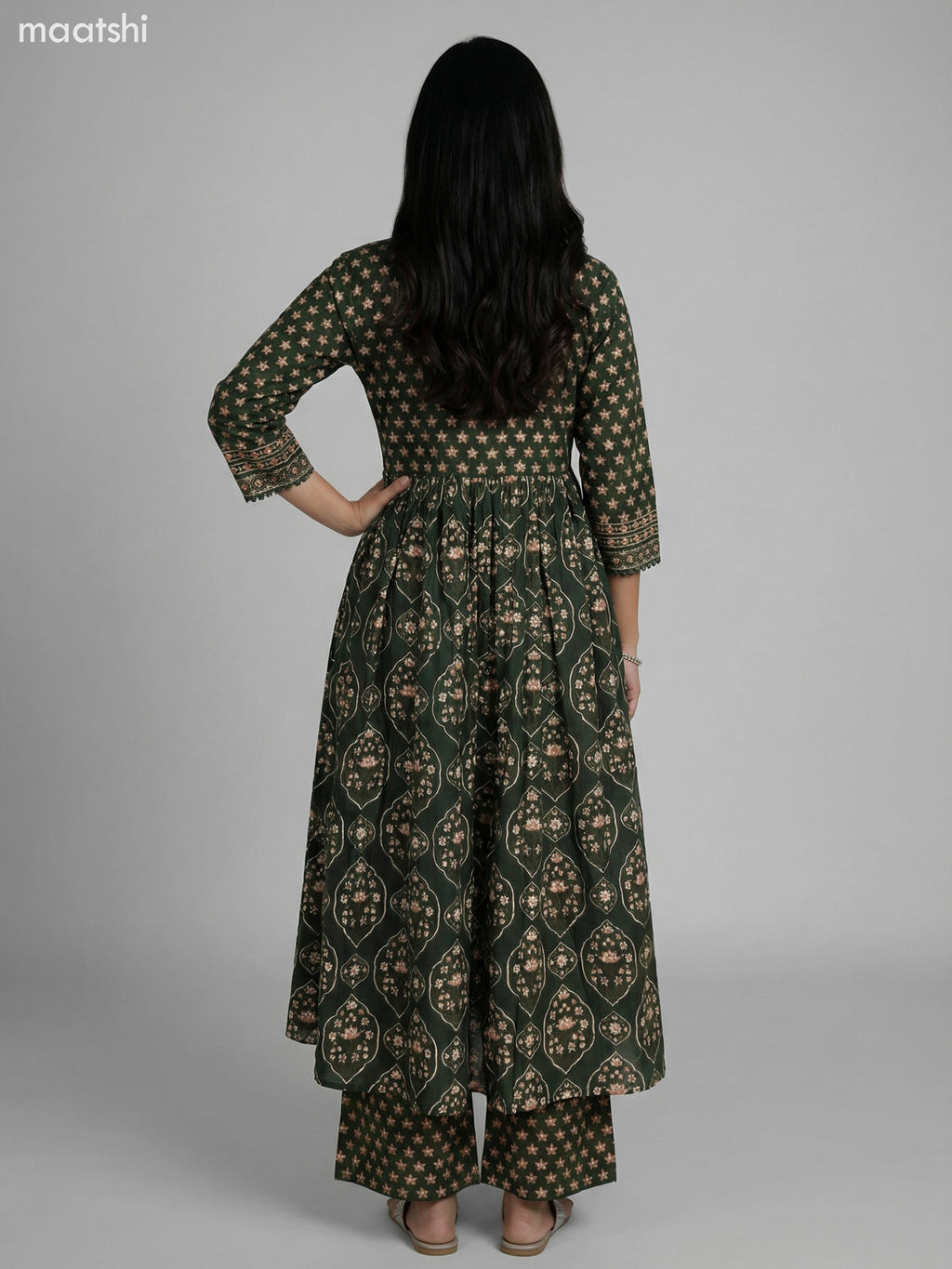 Dark Green Cotton Ajrakh Printed Anarkali Suit Straight Cut Pant