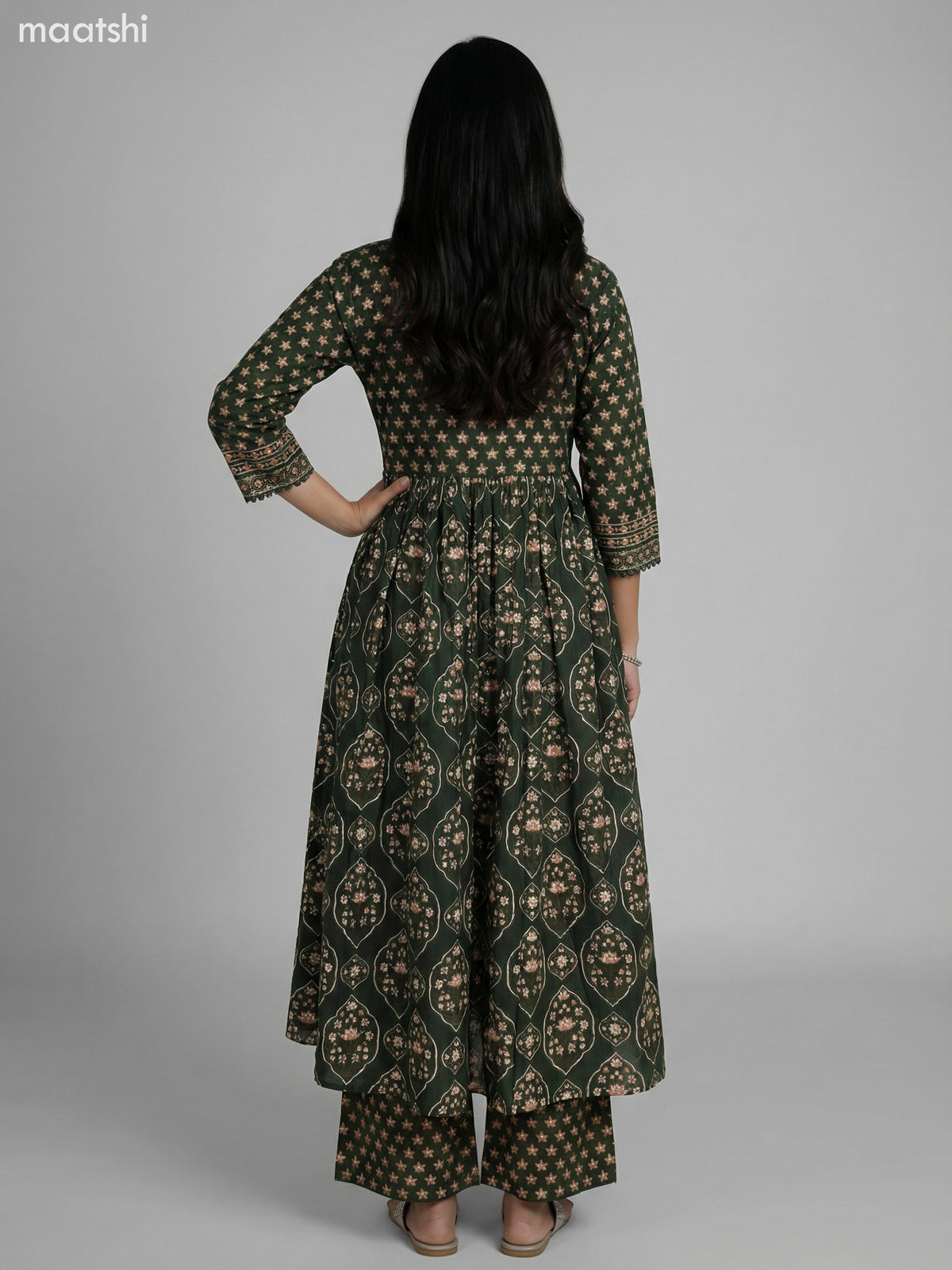 Dark Green Cotton Ajrakh Printed Anarkali Suit Straight Cut Pant