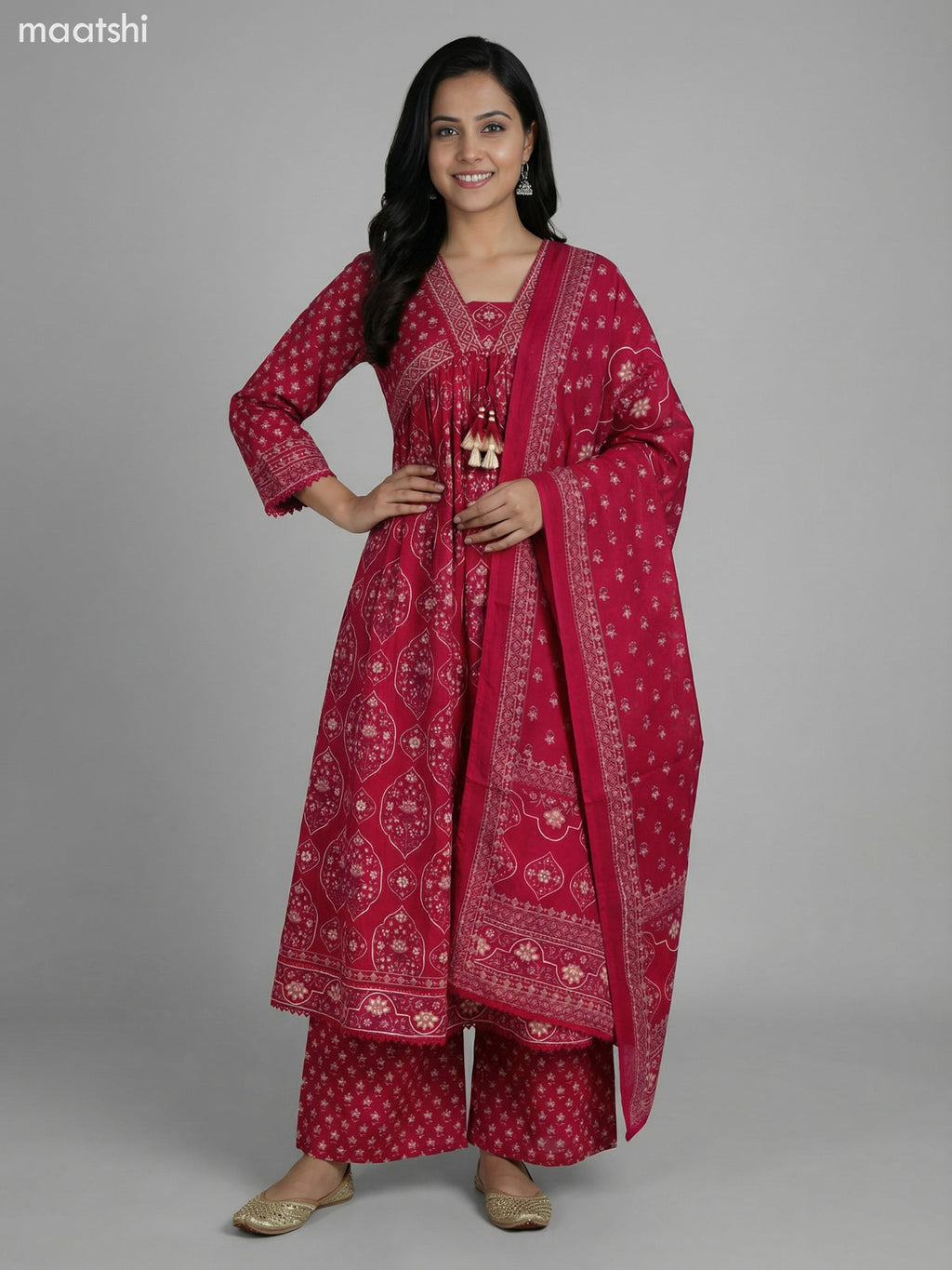 Pink Cotton Ajrakh Printed Anarkali Suit Straight Cut Pant