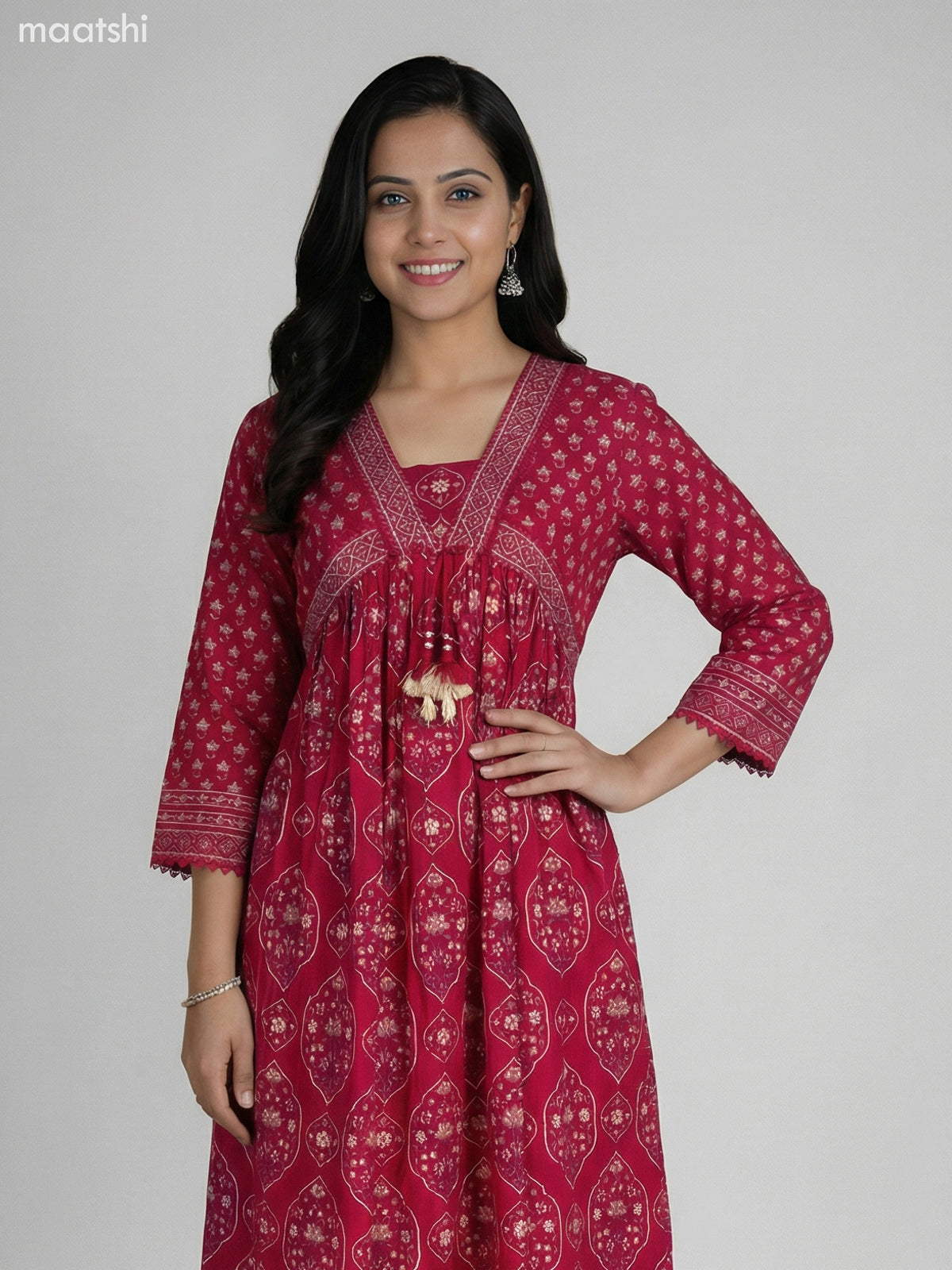 Pink Cotton Ajrakh Printed Anarkali Suit Straight Cut Pant