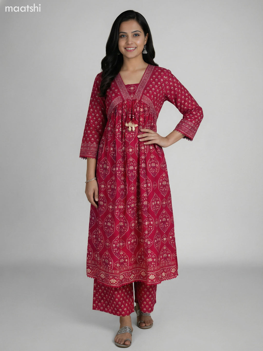 Pink Cotton Ajrakh Printed Anarkali Suit Straight Cut Pant