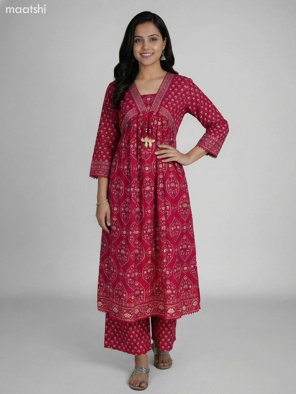 Pink Cotton Ajrakh Printed Anarkali Suit Straight Cut Pant