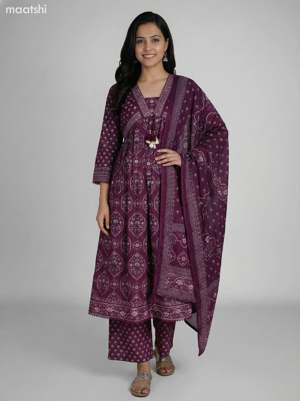 Dark Purple Cotton Ajrakh Printed Anarkali Suit Straight Cut Pant