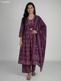Dark Purple Cotton Ajrakh Printed Anarkali Suit Straight Cut Pant