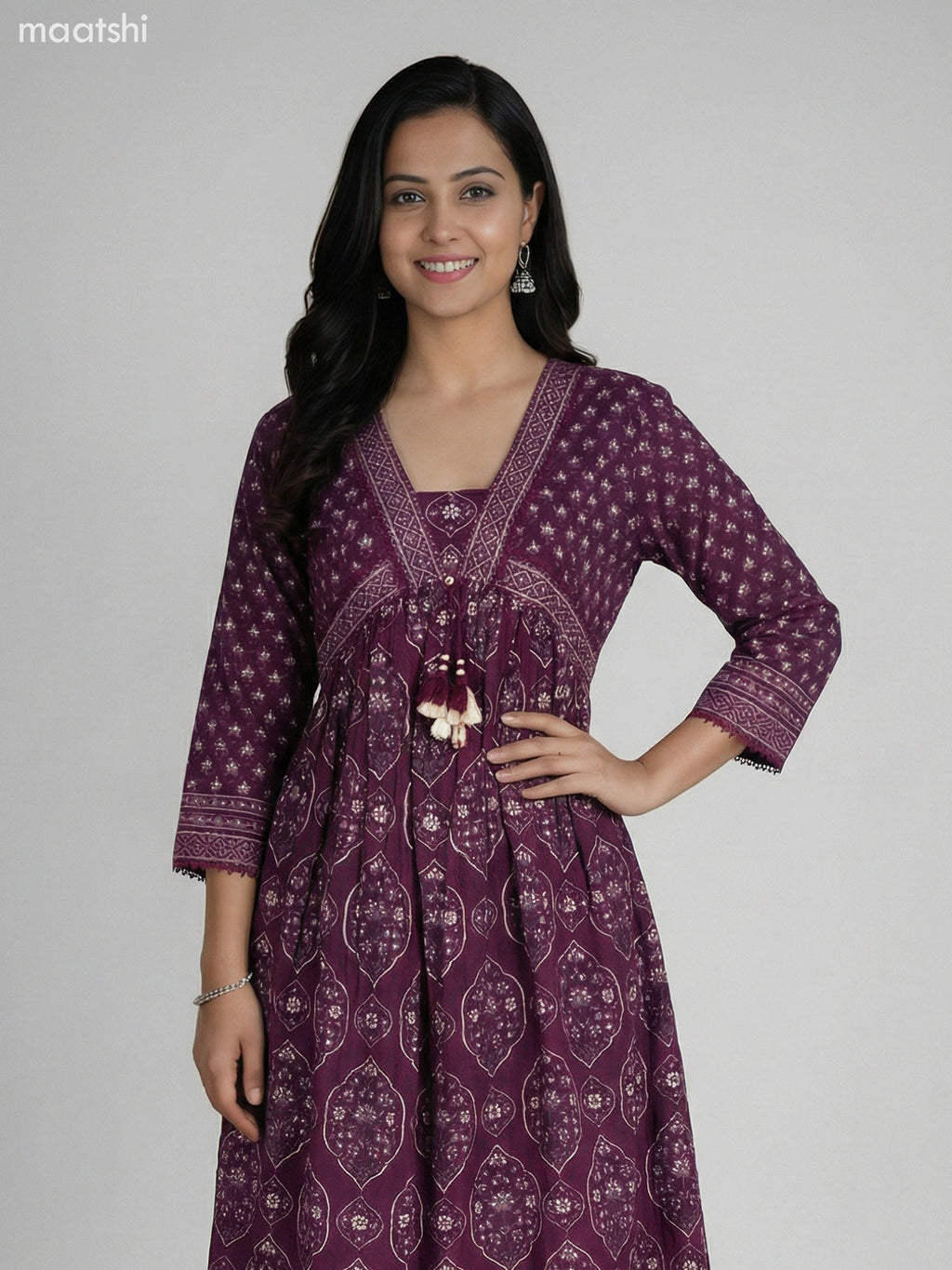 Dark Purple Cotton Ajrakh Printed Anarkali Suit Straight Cut Pant