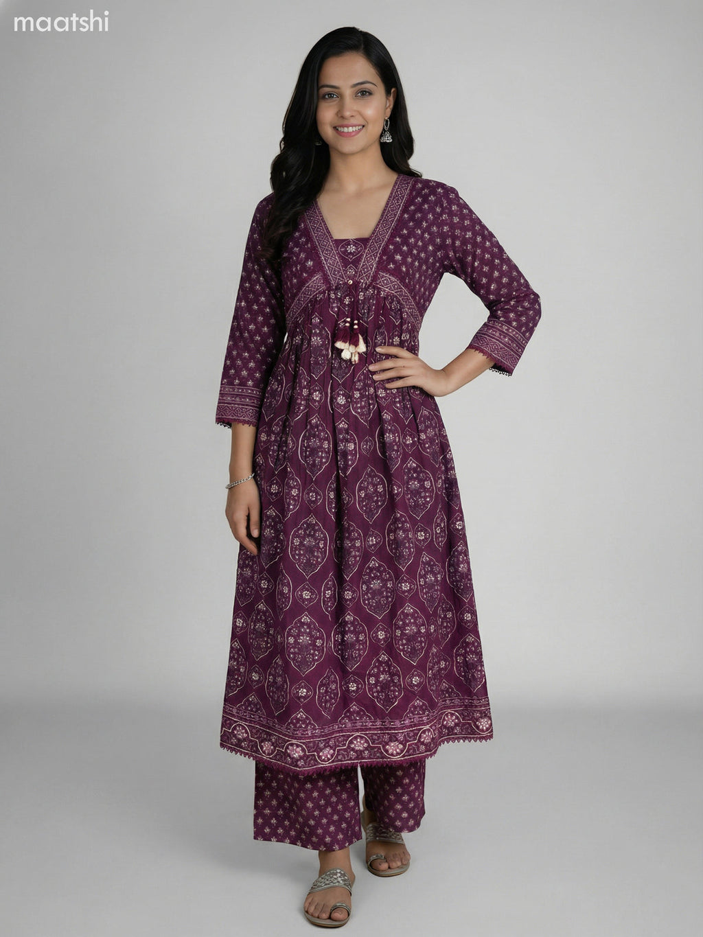 Dark Purple Cotton Ajrakh Printed Anarkali Suit Straight Cut Pant