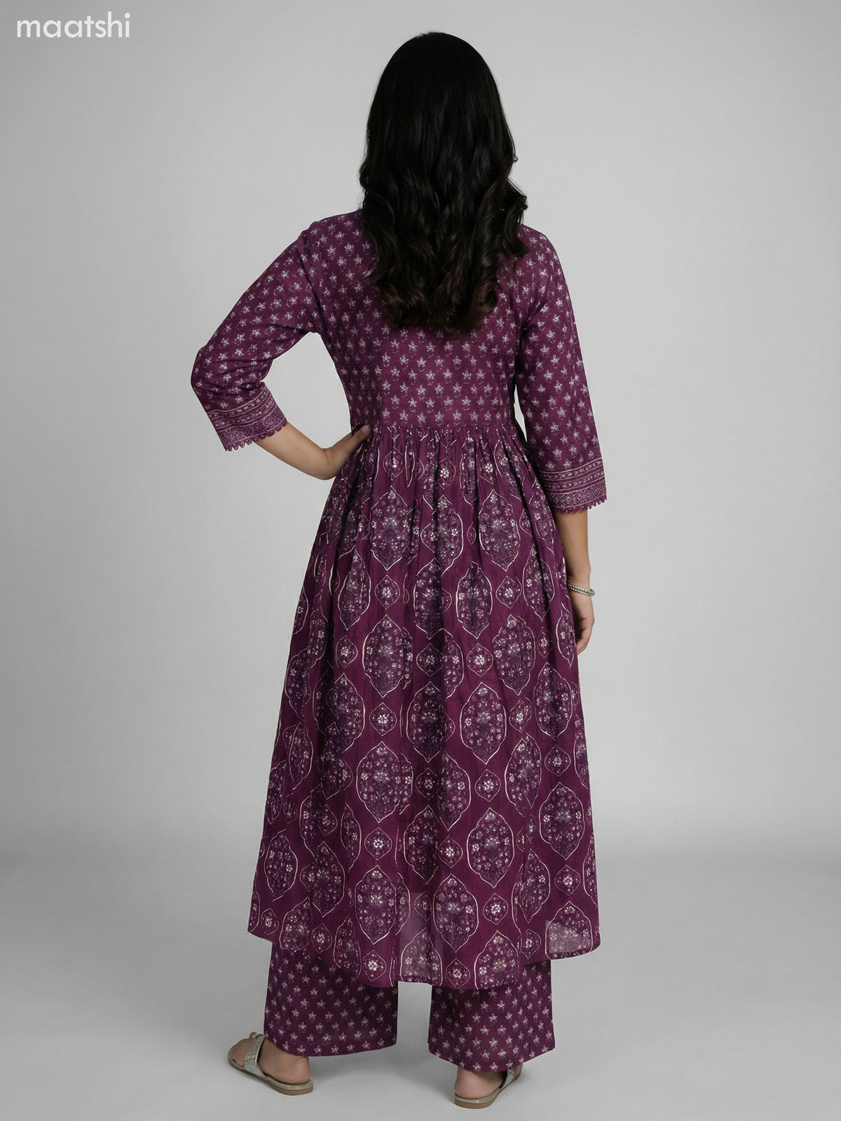 Dark Purple Cotton Ajrakh Printed Anarkali Suit Straight Cut Pant